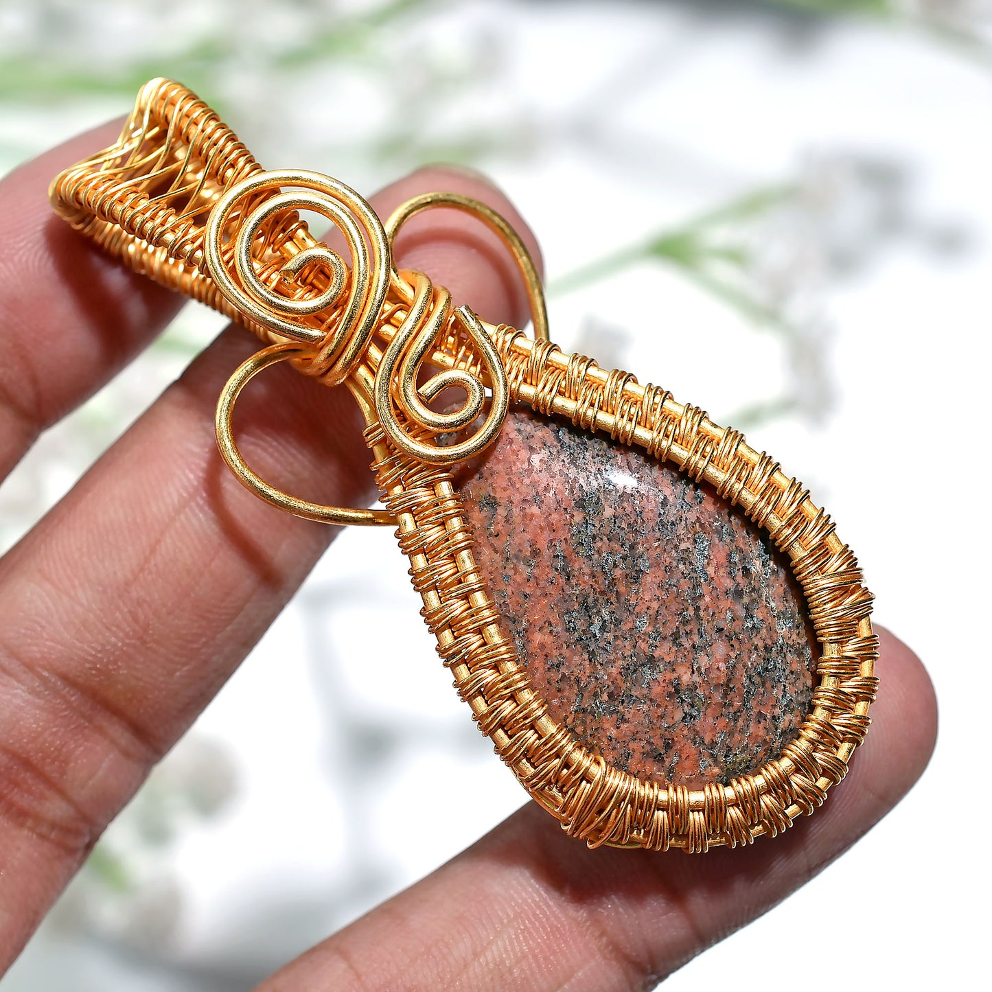 Authentic Unakite Gemstone Pendant Golden Wire Wrapped Necklace for Wholesale Jewelry
