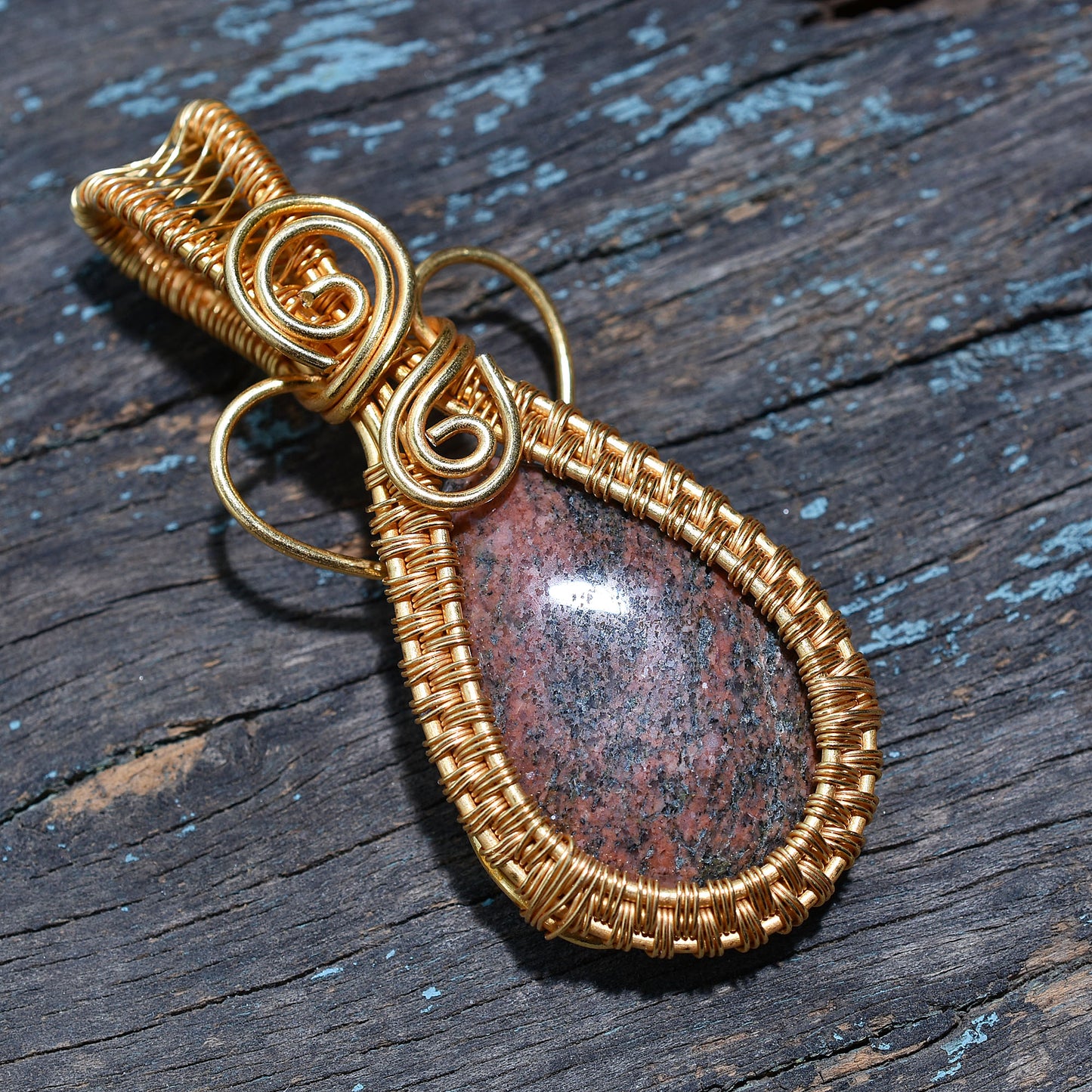 Authentic Unakite Gemstone Pendant Golden Wire Wrapped Necklace for Wholesale Jewelry