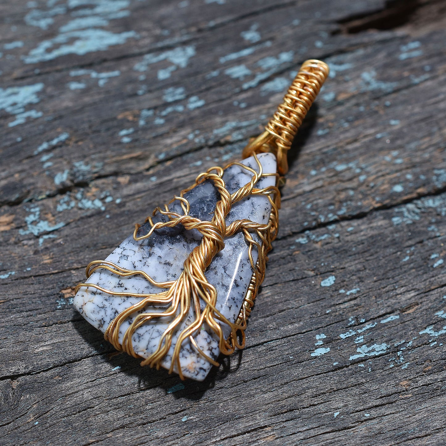 Bohemian Style Dendrite Pendant Gold Wire Wrapped Stone Necklace for Wholesale Jewelry