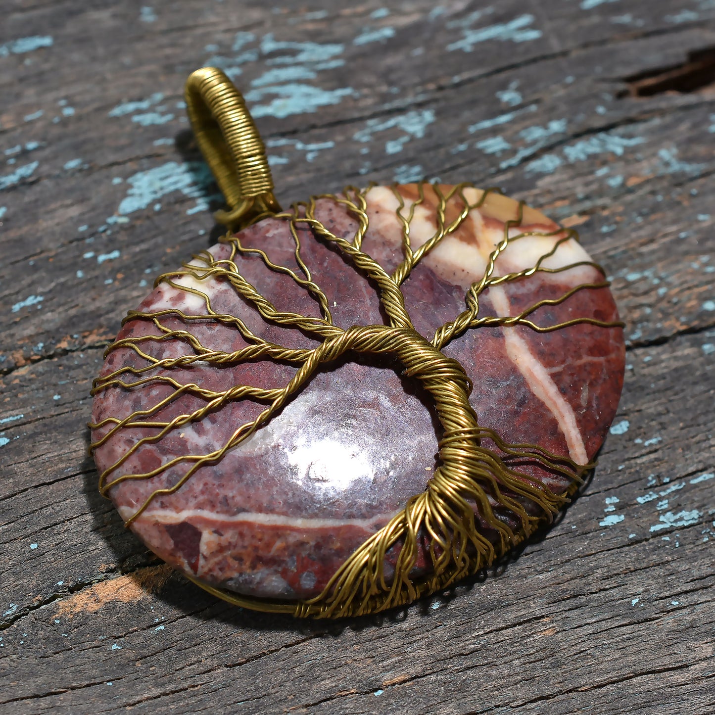 Bold Mookaite Gold Wire Wrapped Pendant-Wholesale Natural Australian Jasper Gemstone Jewelry