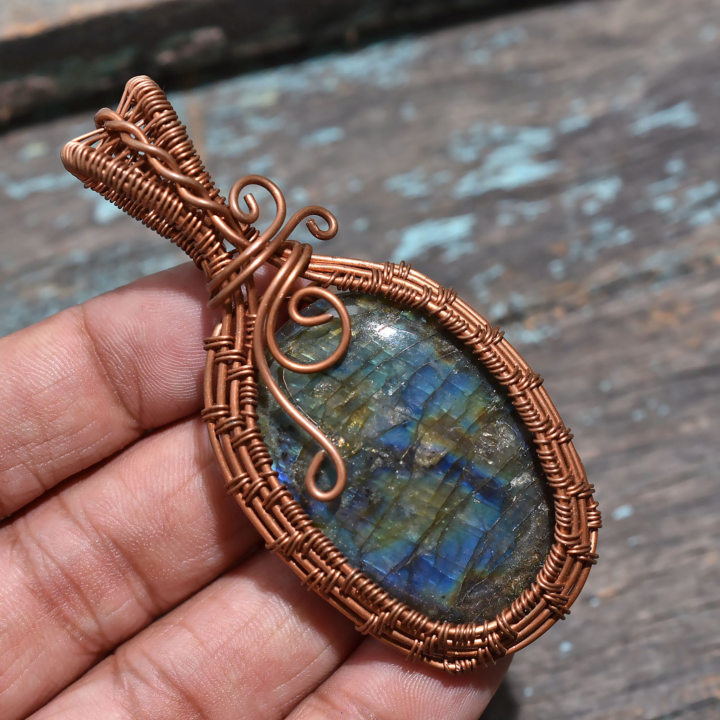 Flashy Labradorite Copper Wire Wrapped Pendant - Handcrafted Wholesale Gemstone Amulet