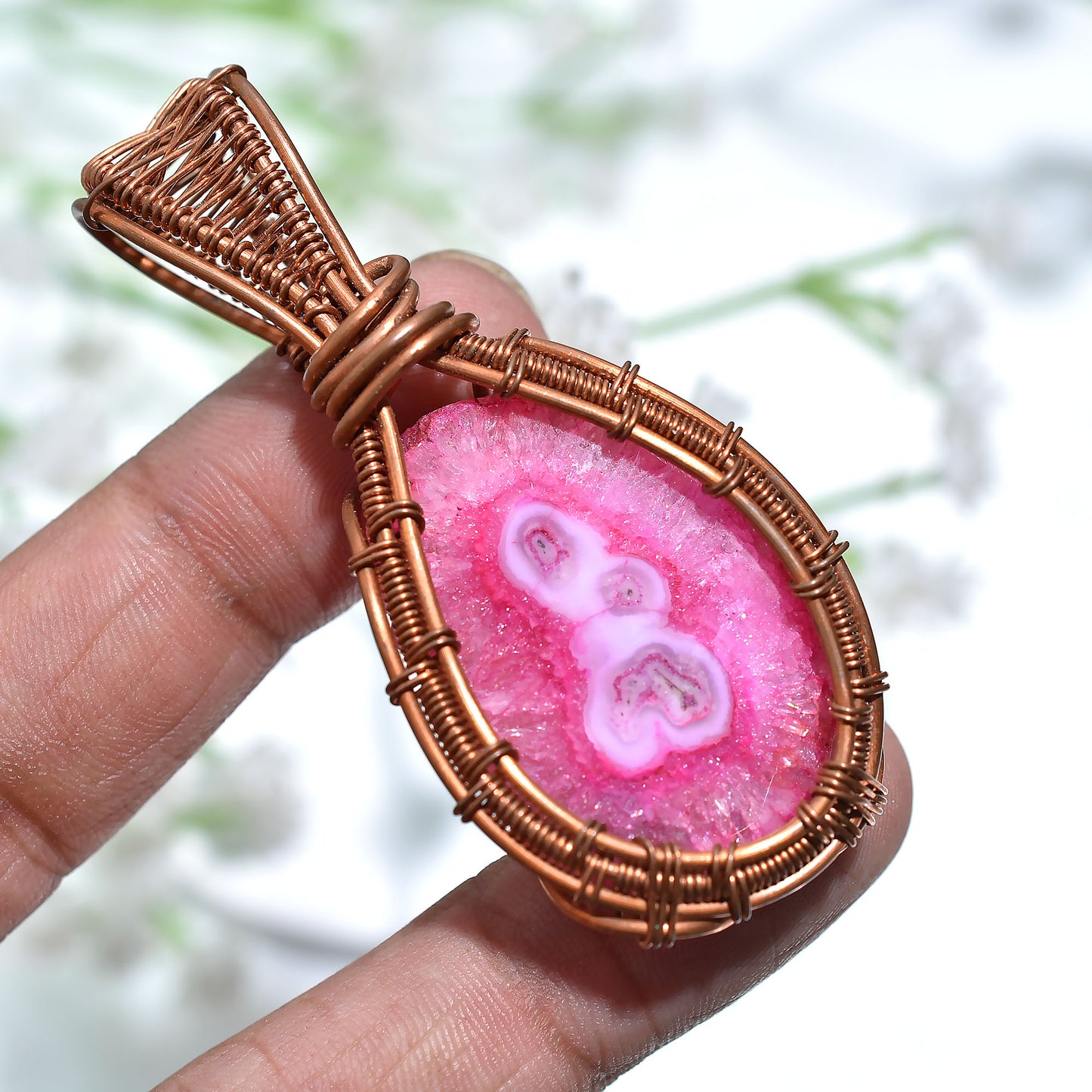 Beautiful Pink Solar Quartz Copper Wire Wrapped Pendant – Handmade Stalactite Slice Wholesale Crystal Jewelry
