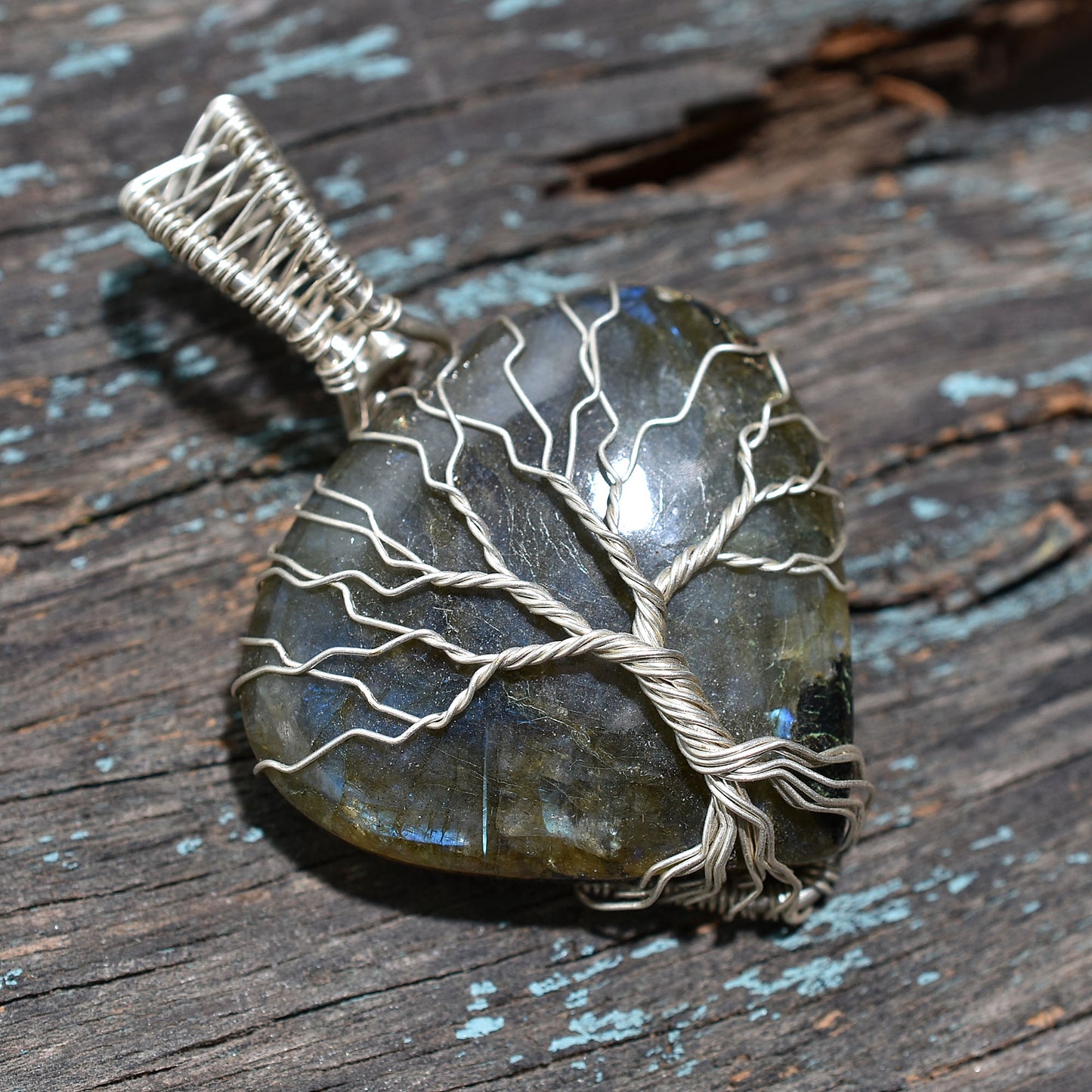 Natural Labradorite Tree of Life Necklace Pendant – Artisan Handmade Silver Wire Wrapped Gemstone