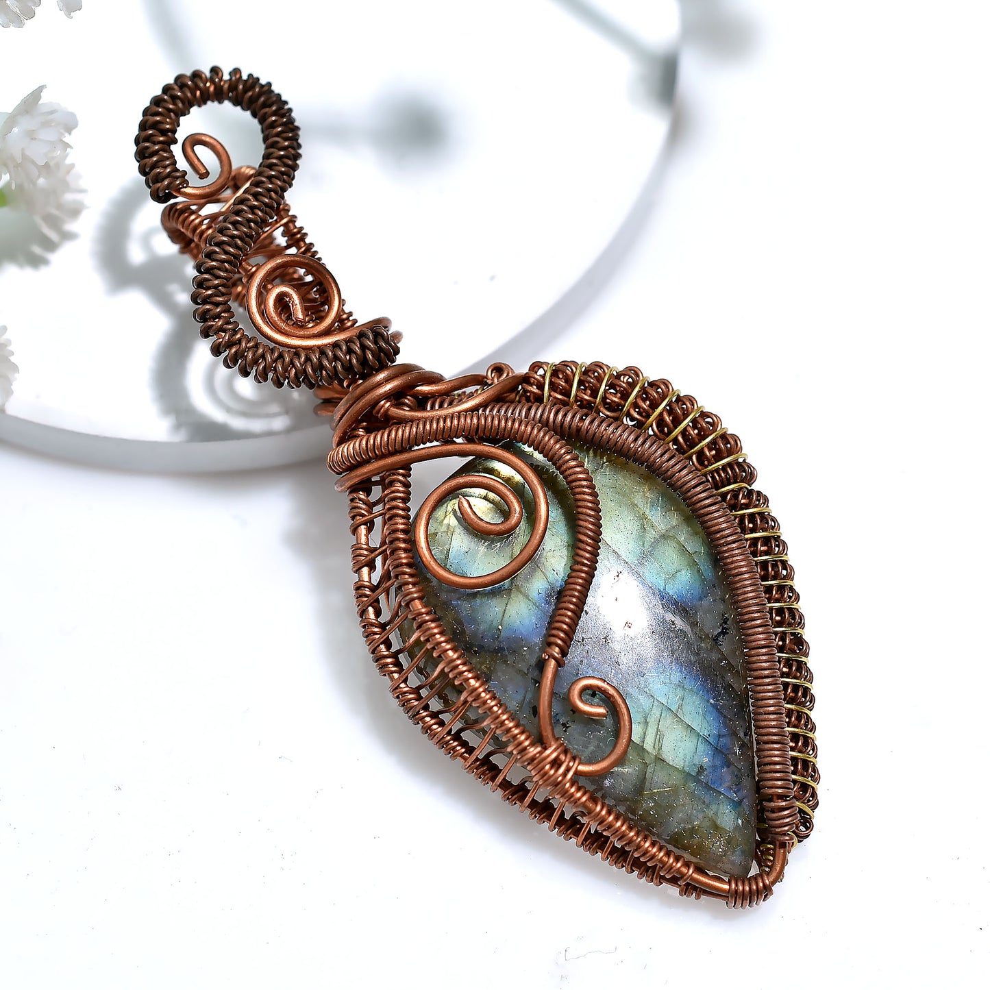 Wholesale Flashy Labradorite Pendant – Copper Wire Wrapped Natural Gemstone Jewelry
