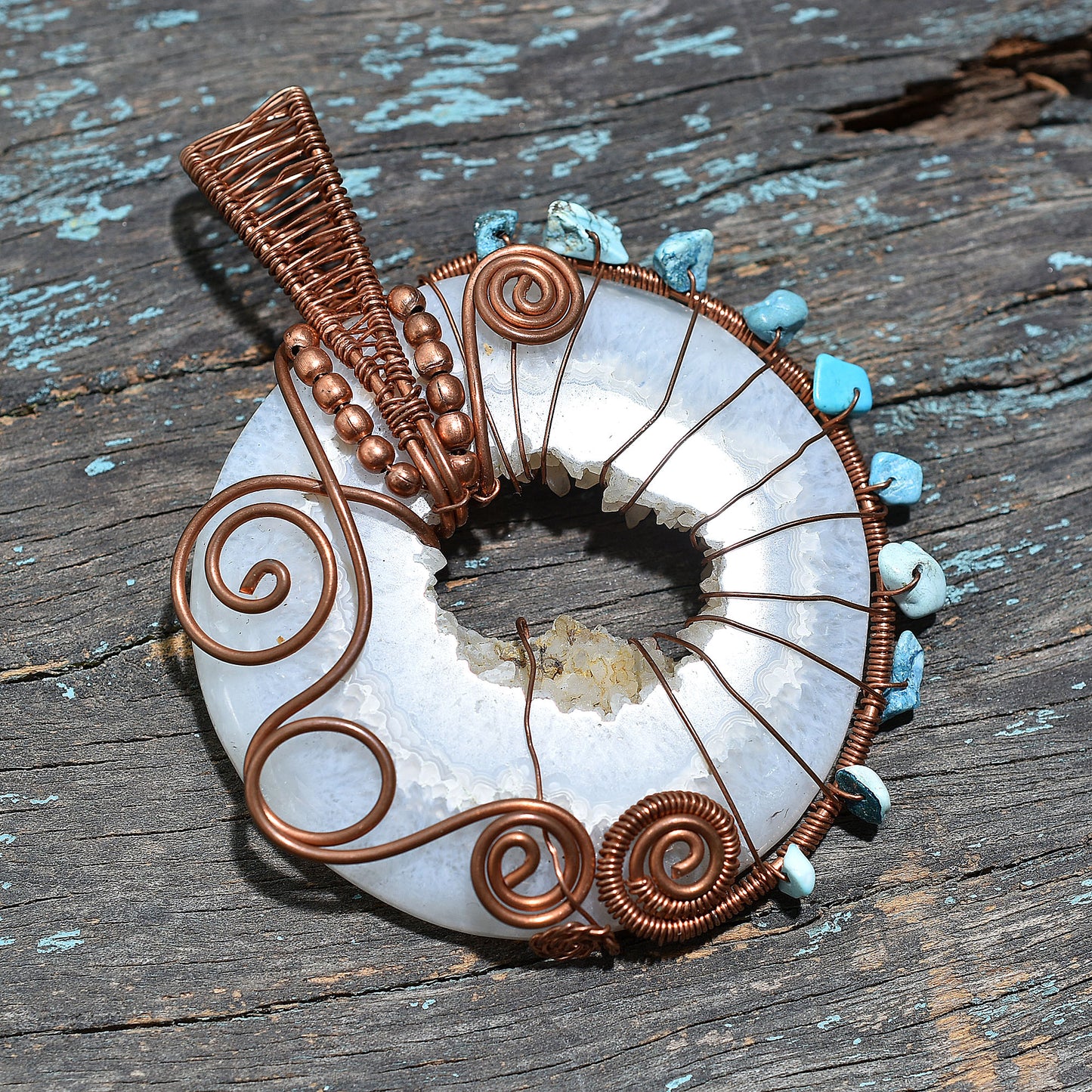 Big Window Druzy & Raw Turquoise Pendant – Wire Wrapped Natural Gemstone Wholesale Jewelry