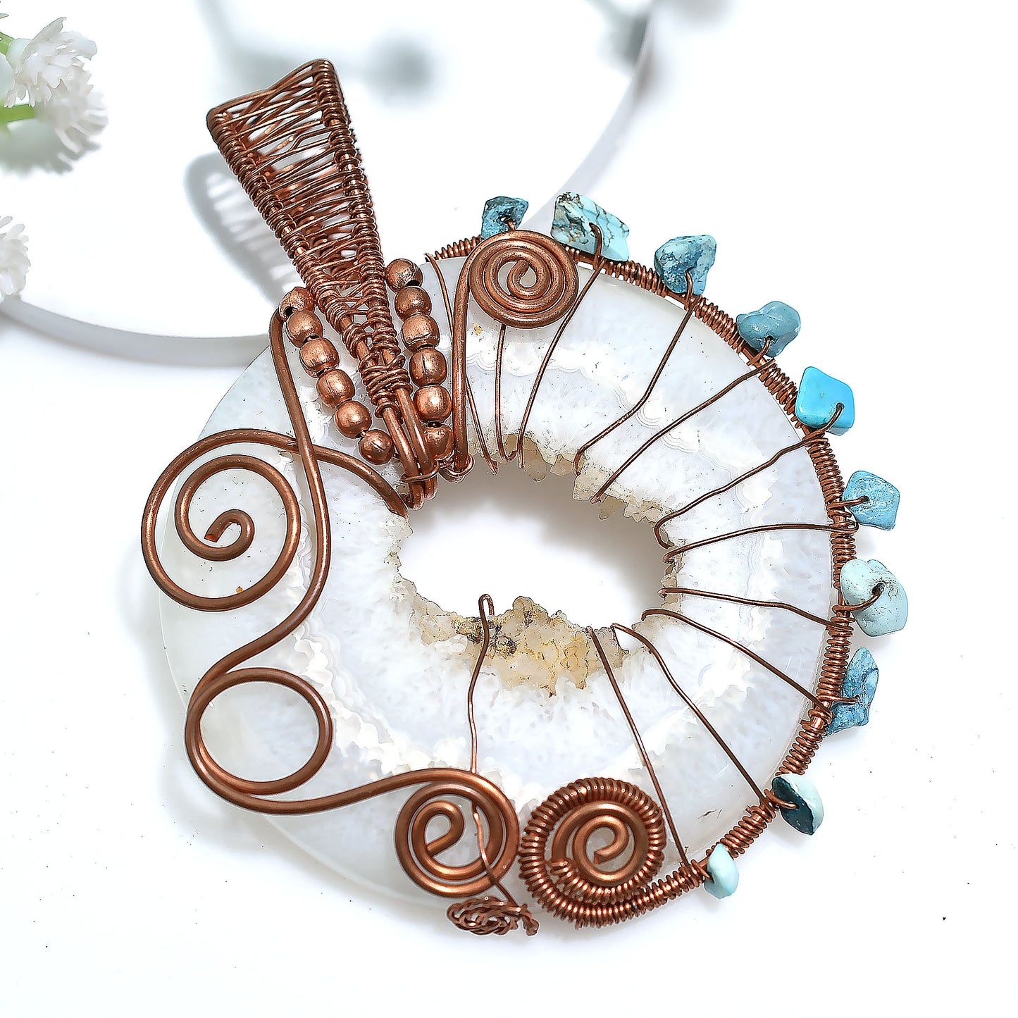 Big Window Druzy & Raw Turquoise Pendant – Wire Wrapped Natural Gemstone Wholesale Jewelry