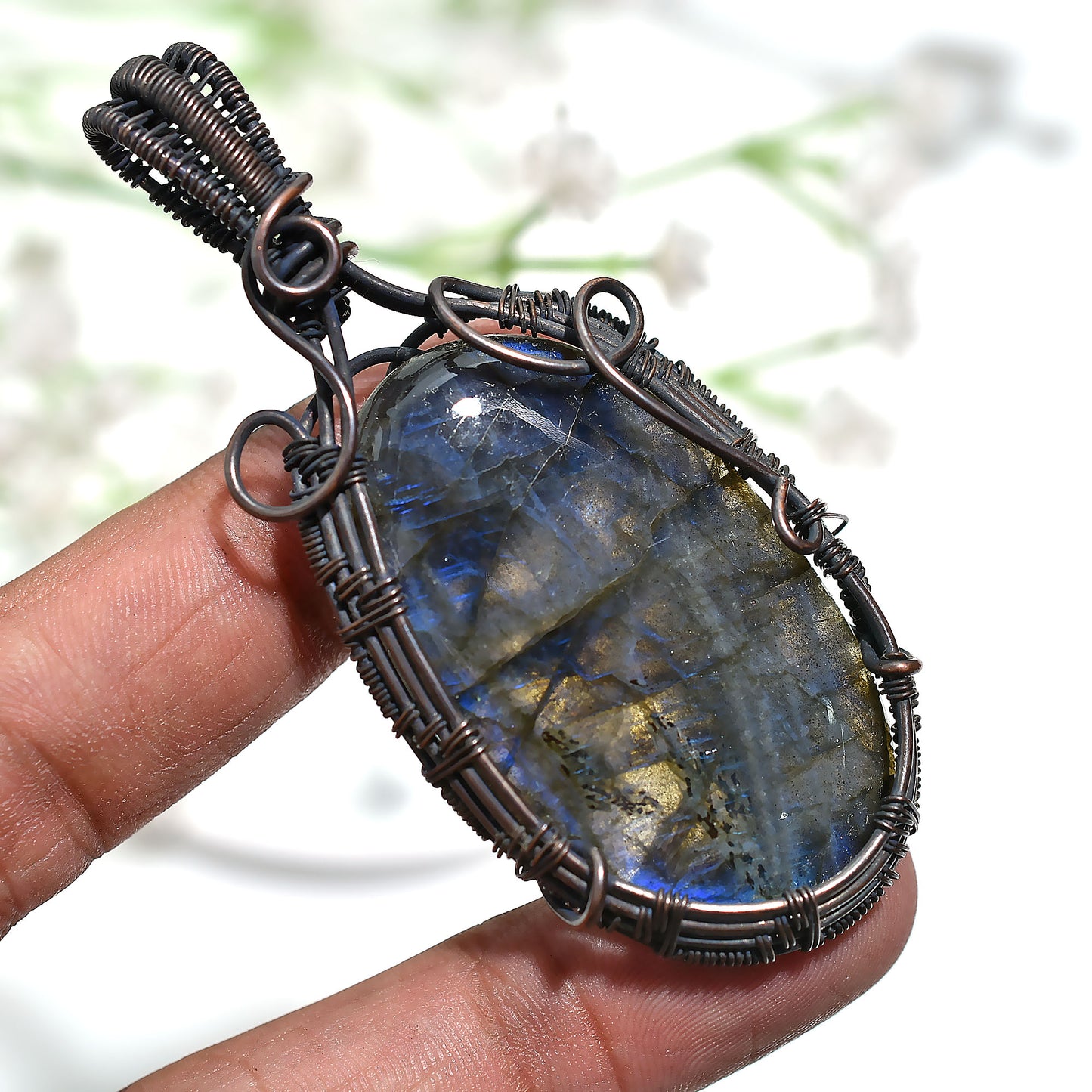 Mystic Labradorite Wire Wrapped Pendant Wholesale Gemstone Dark Copper Jewelry for Aura Protection