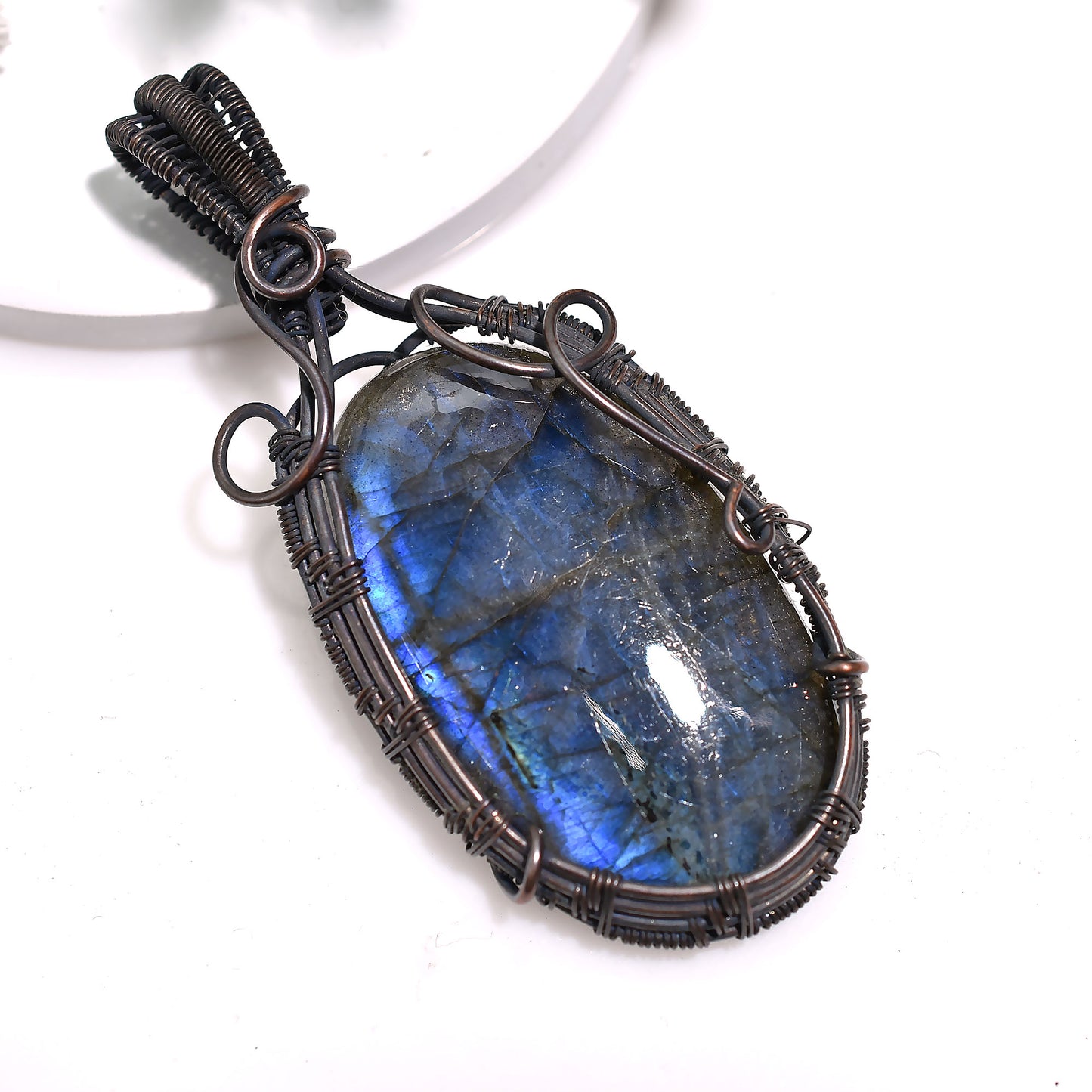 Mystic Labradorite Wire Wrapped Pendant Wholesale Gemstone Dark Copper Jewelry for Aura Protection
