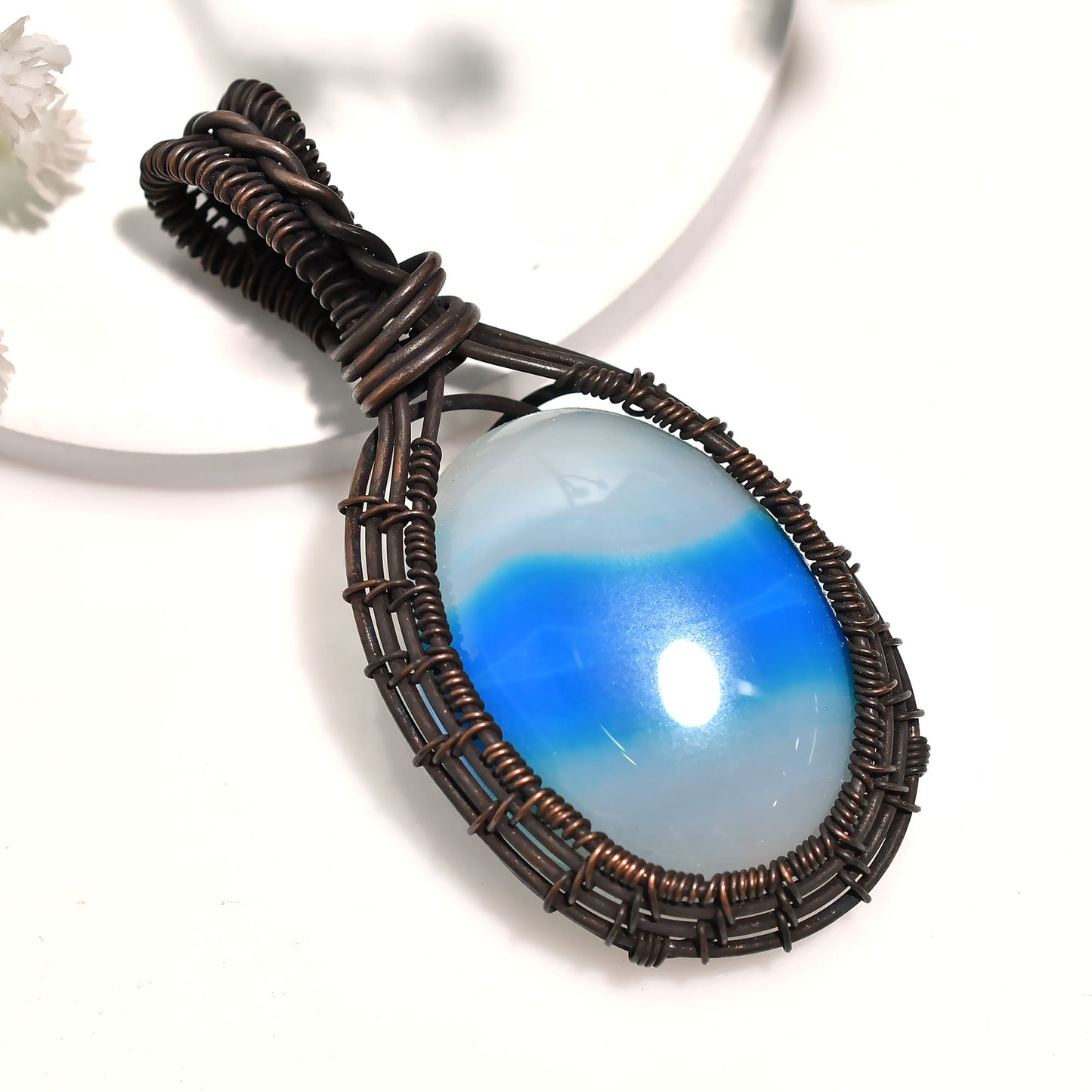 Bohemian Blue Botswana Agate Pendant Wholesale Gemstone Wire Wrapped Jewelry
