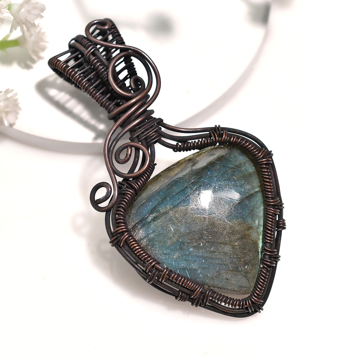 Artisan Labradorite Wire Wrapped Pendant-Wholesale Flashing Gemstone Copper Necklace