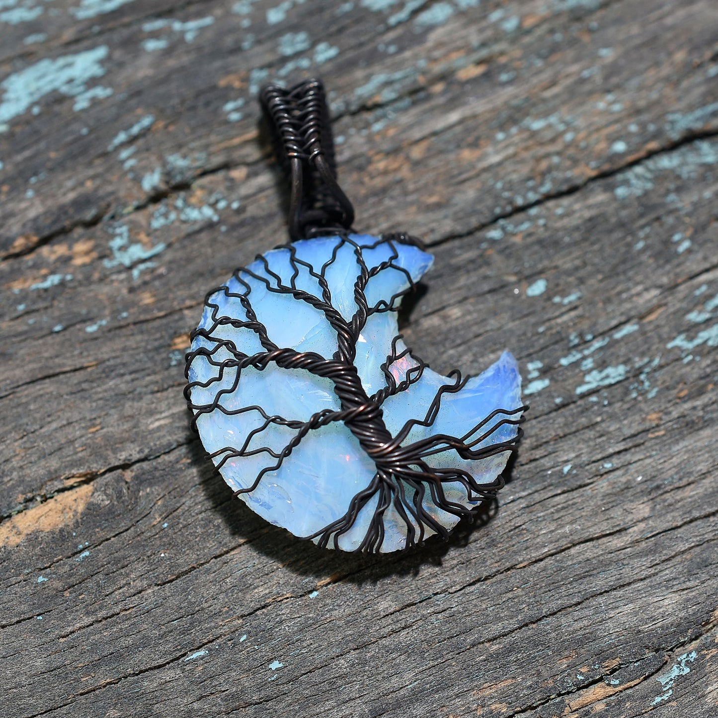 Crescent Opalite Dark Copper Wire Wrapped Pendant Wholesale Gemstone Necklace Jewelry