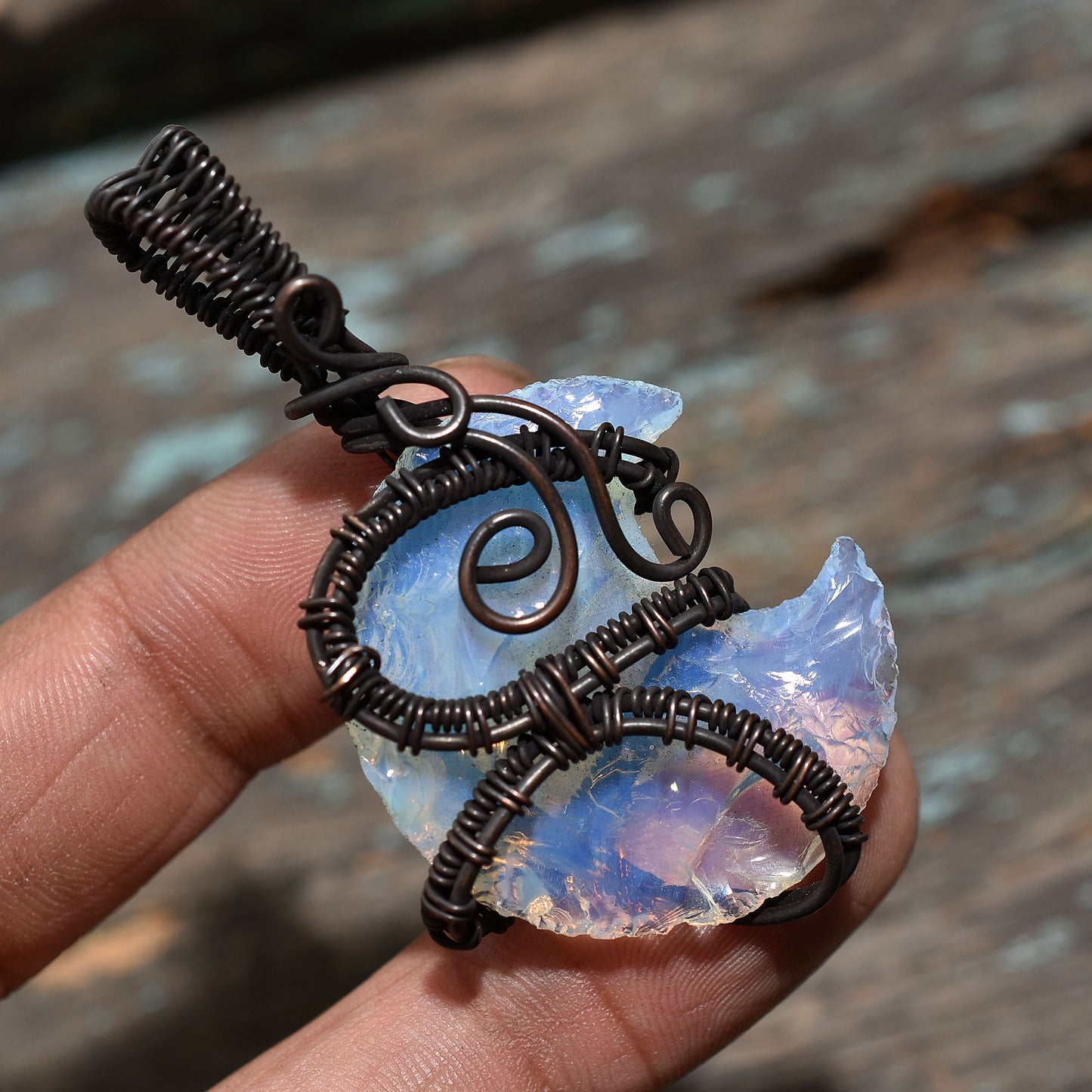 Beautiful Crescent Half Moon Opalite Pendant-Wholesale Wire Wrapped Stone Copper Jewlery