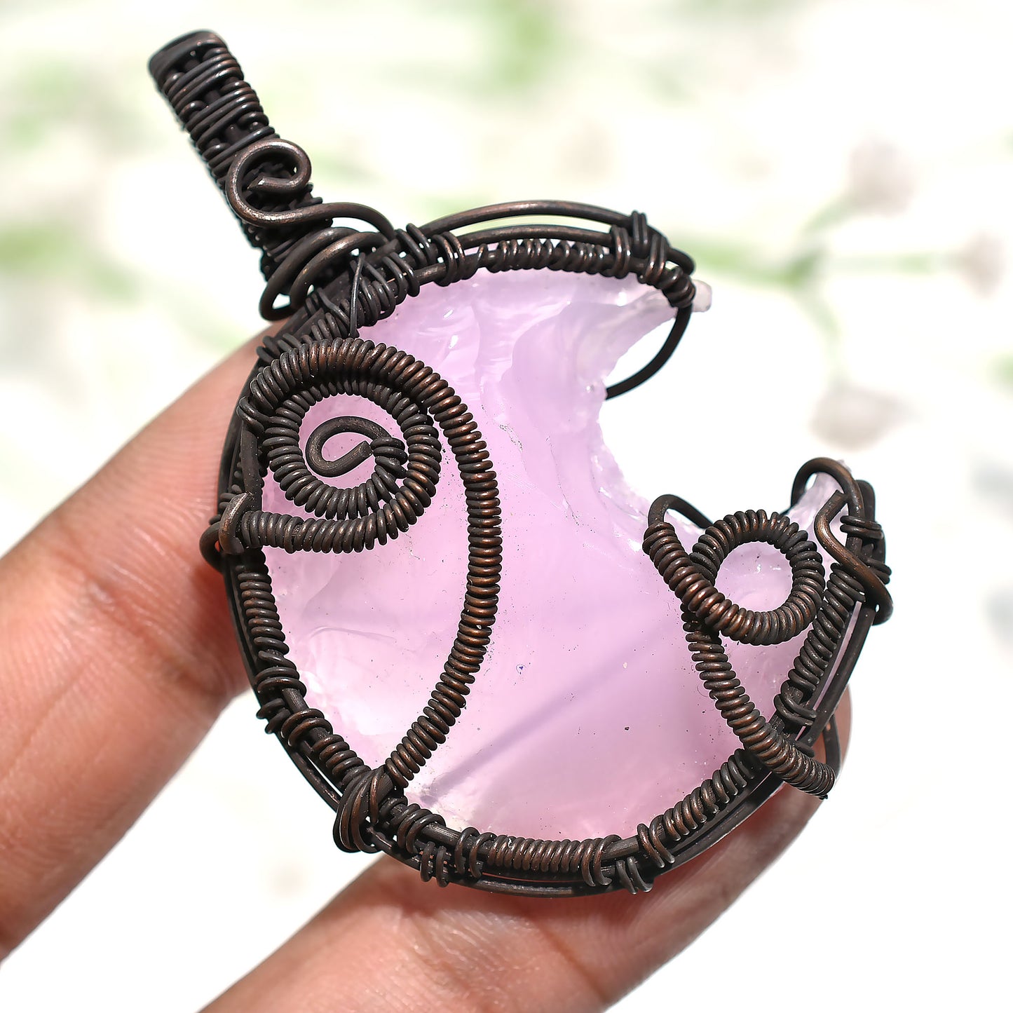 Rose Quartz Crescent Moon Gemstone Pendant – Oxidized Copper Antique Wire Wrapped Handmade Necklace