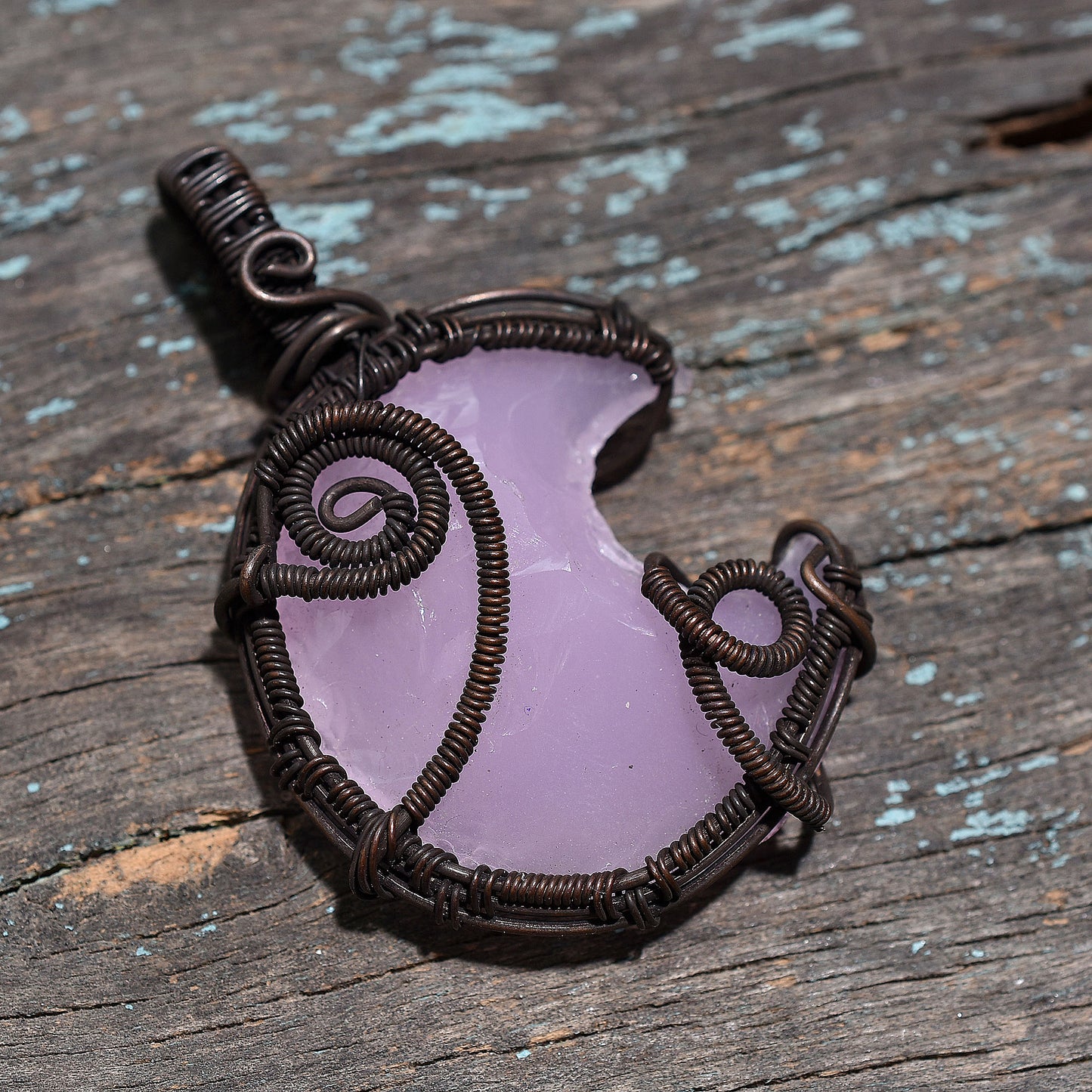 Rose Quartz Crescent Moon Gemstone Pendant – Oxidized Copper Antique Wire Wrapped Handmade Necklace
