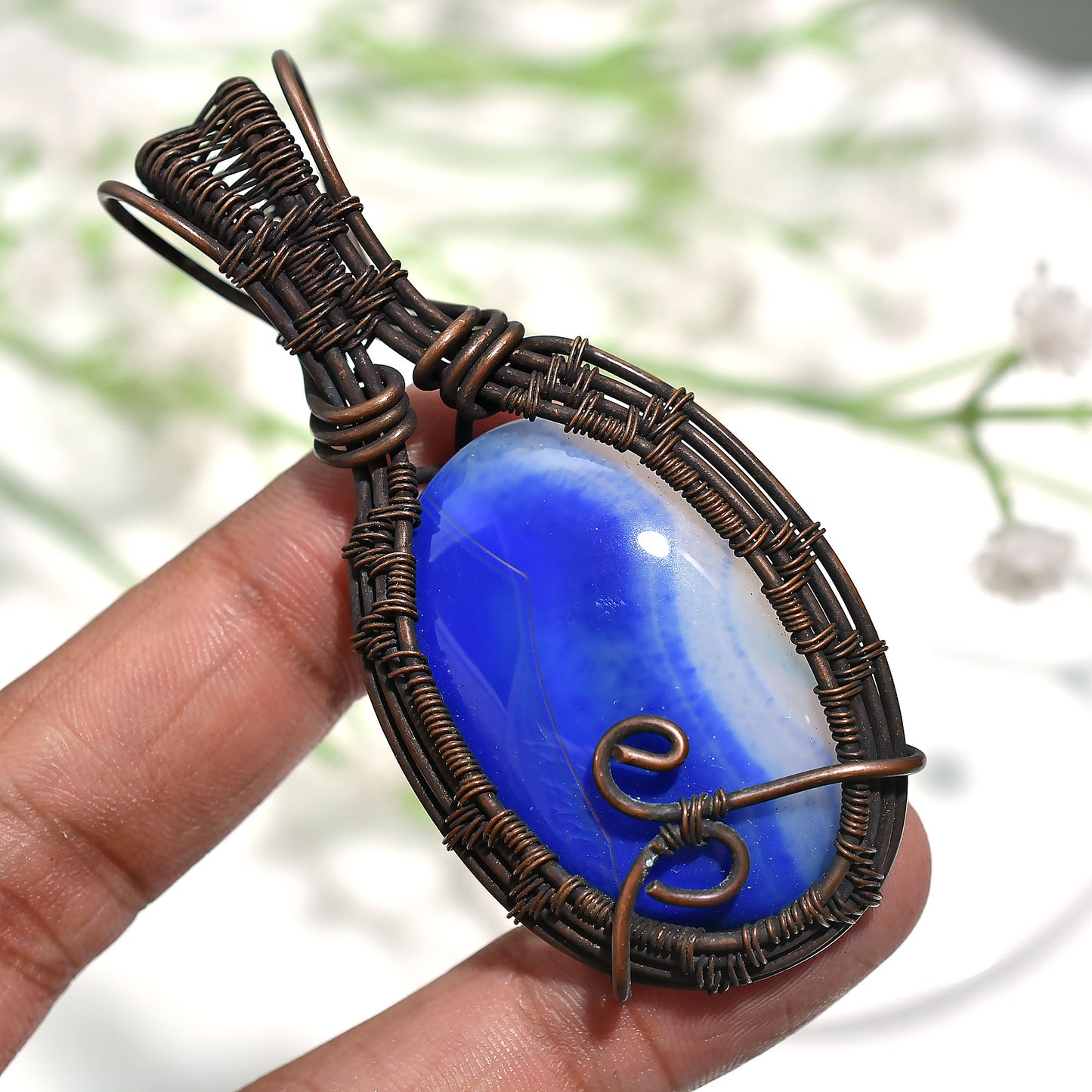 Scenic Blue Botswana Agate Gemstone Pendant – Oxidized Copper Wire Wrapped Artistic Wholesale Jewelry