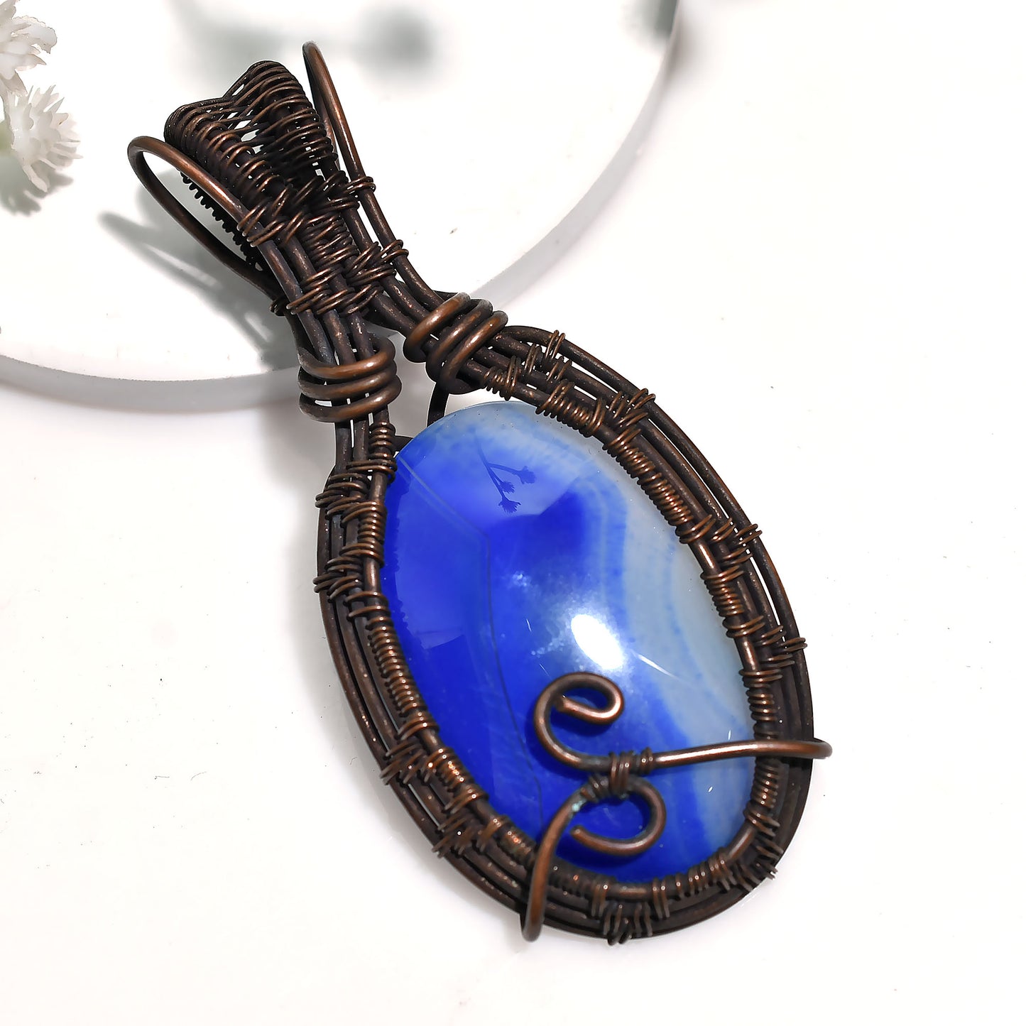 Scenic Blue Botswana Agate Gemstone Pendant – Oxidized Copper Wire Wrapped Artistic Wholesale Jewelry
