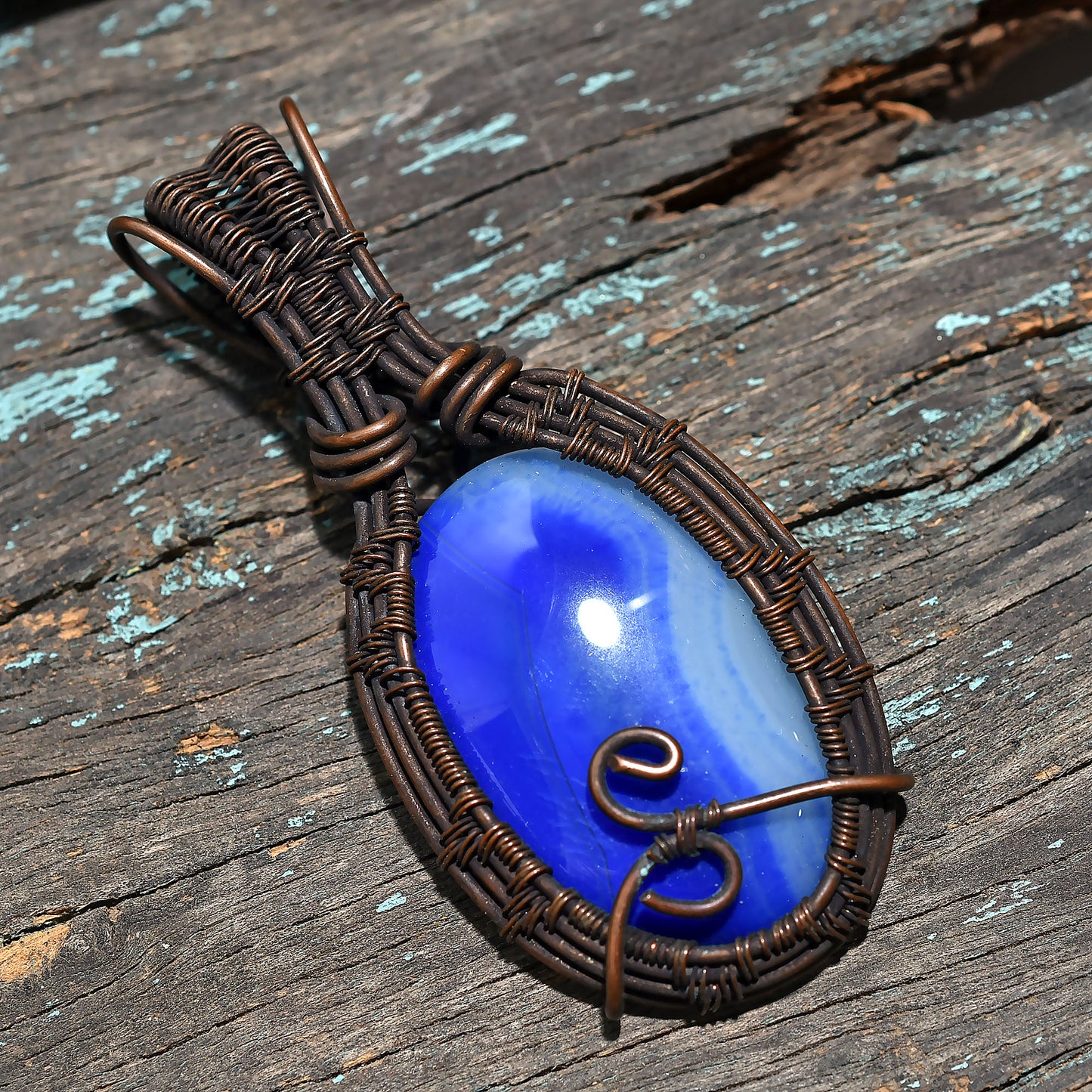Scenic Blue Botswana Agate Gemstone Pendant – Oxidized Copper Wire Wrapped Artistic Wholesale Jewelry