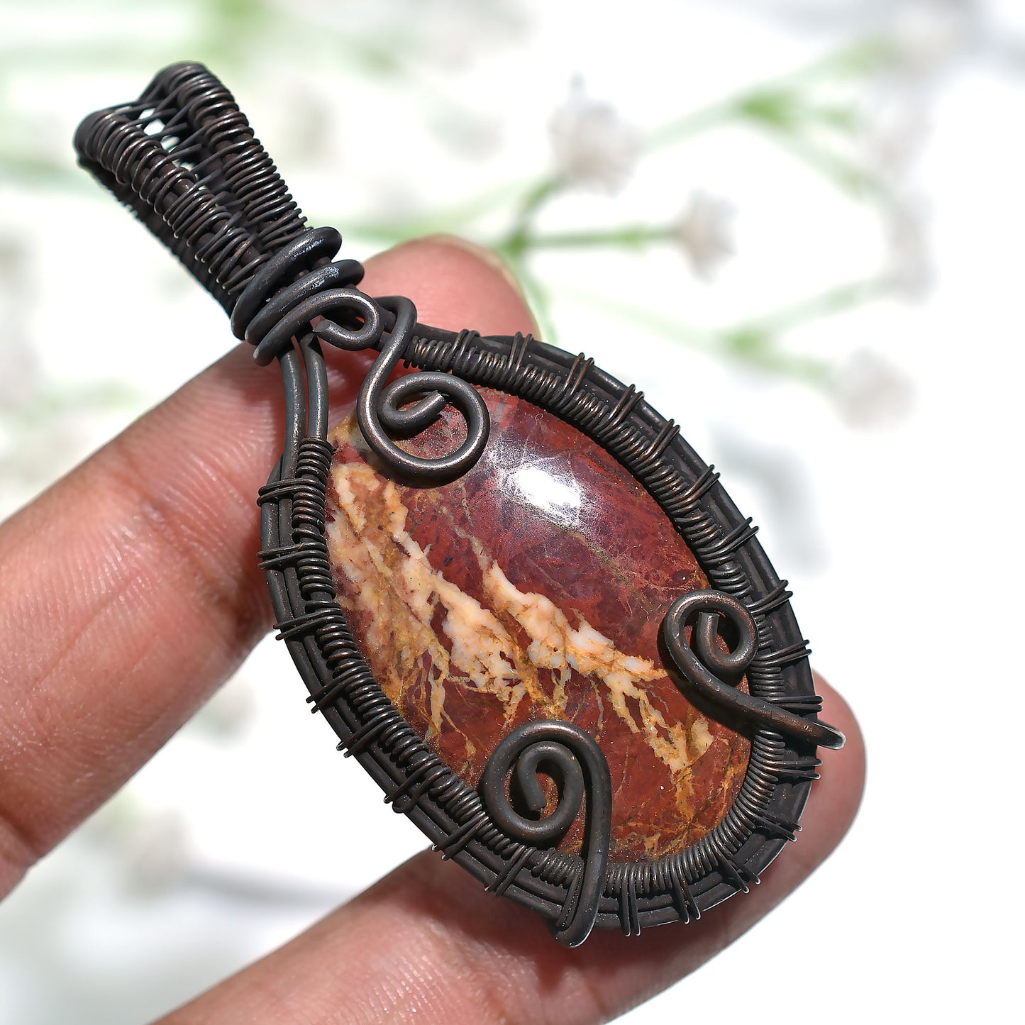 Wholesale Coconut Jasper Pendant – Oxidized Copper Wire Wrapped Gemstone Handcrafted Necklace