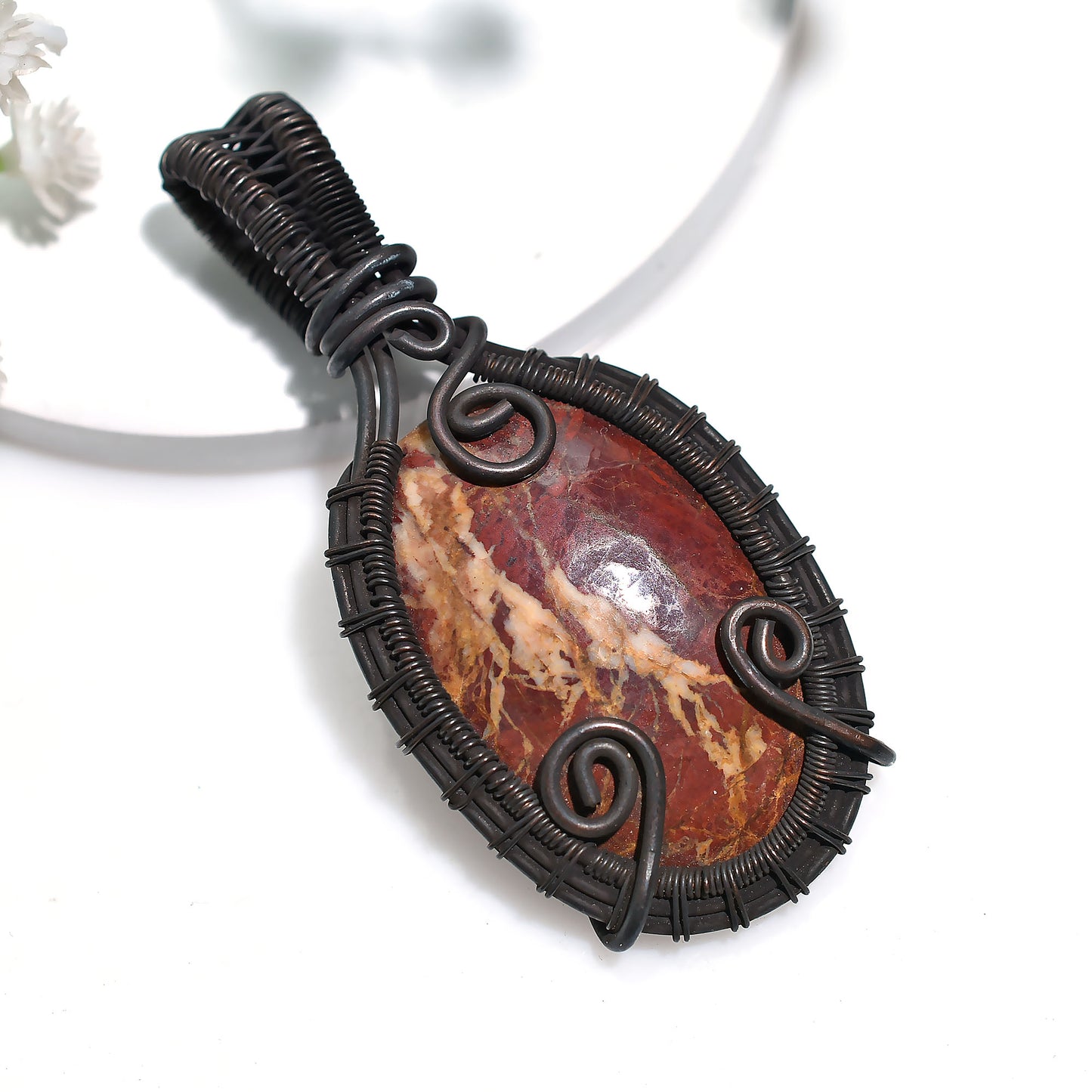 Wholesale Coconut Jasper Pendant – Oxidized Copper Wire Wrapped Gemstone Handcrafted Necklace