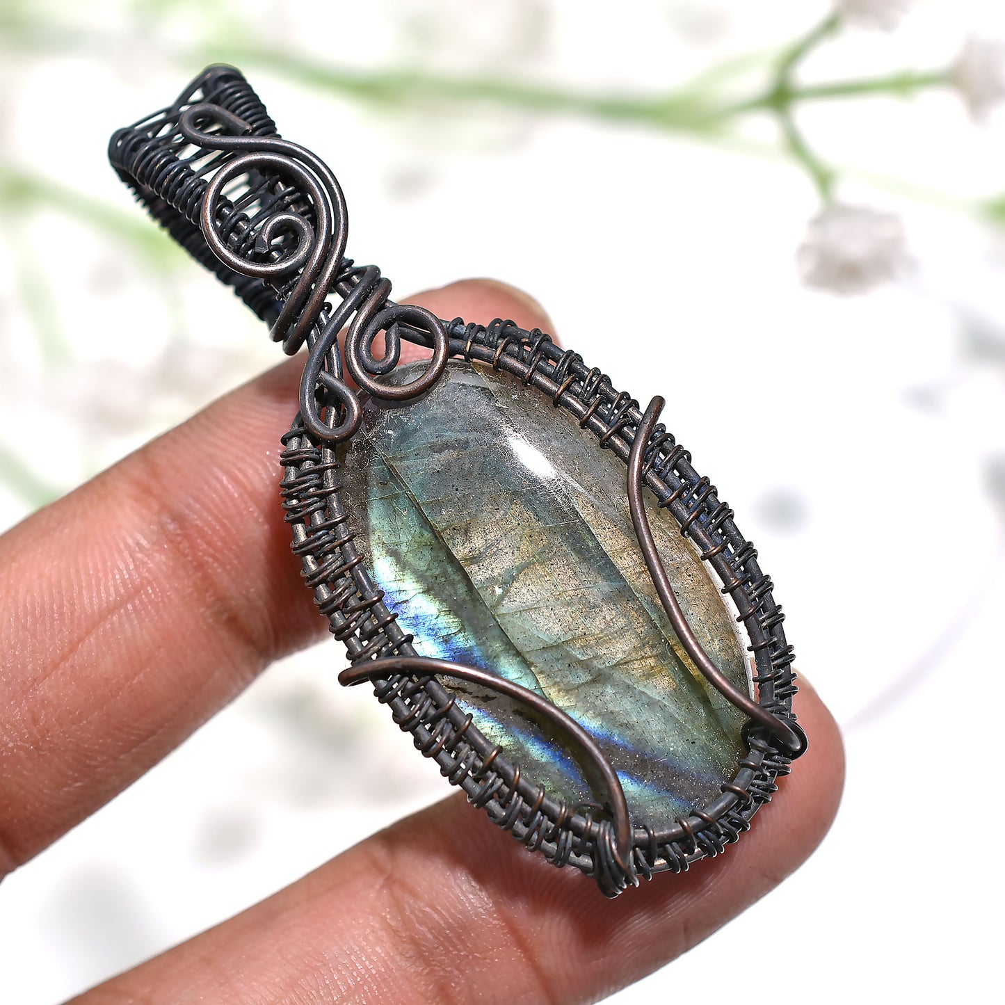 Labradorite Oxidized Copper Wire Wrapped Pendant – Handmade Flashy Gemstone Wholesale Jewelry