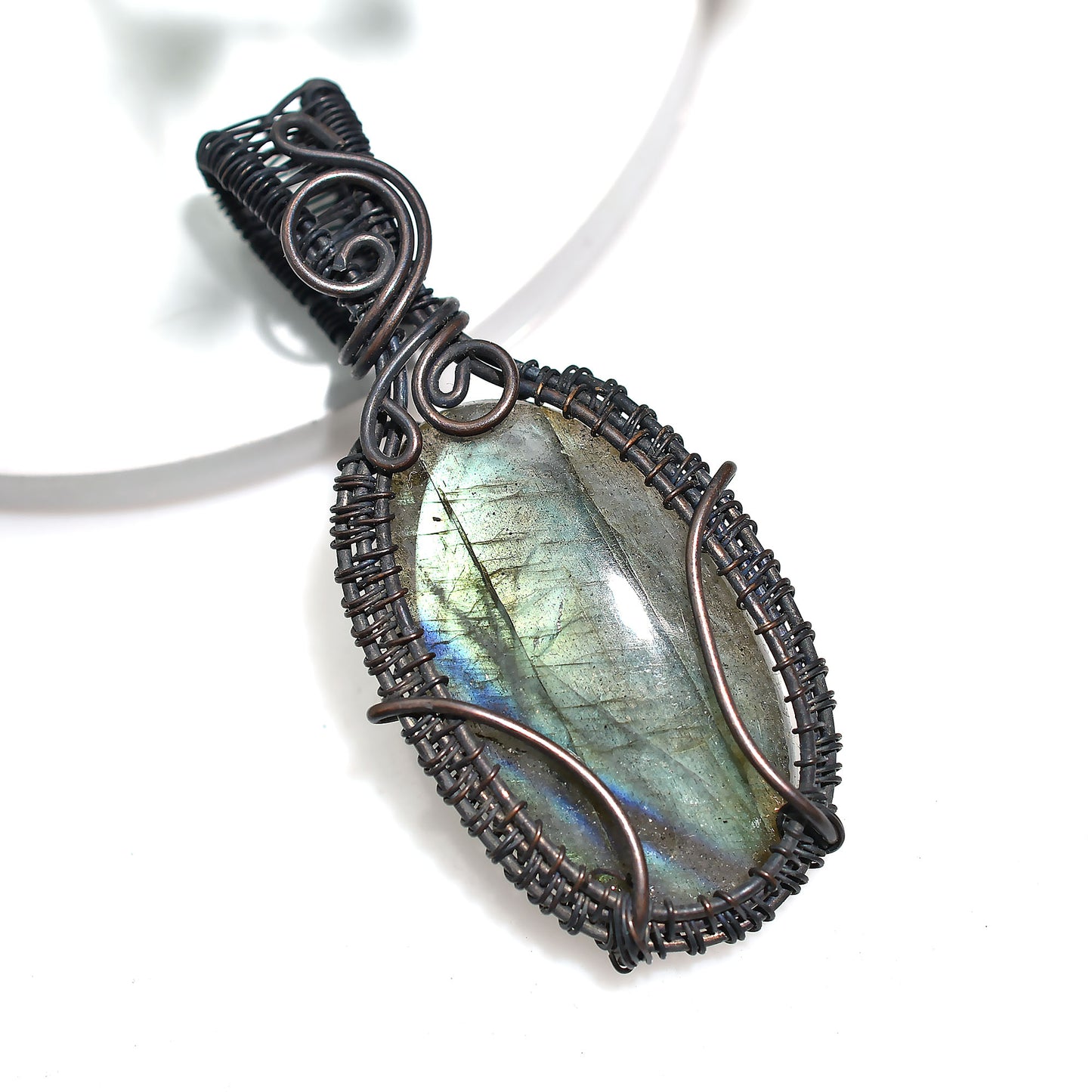 Labradorite Oxidized Copper Wire Wrapped Pendant – Handmade Flashy Gemstone Wholesale Jewelry