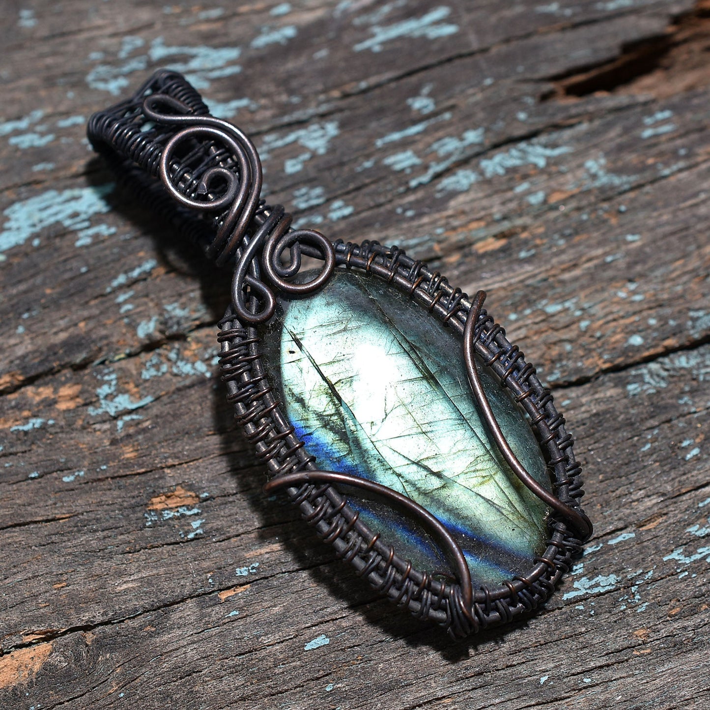 Labradorite Oxidized Copper Wire Wrapped Pendant – Handmade Flashy Gemstone Wholesale Jewelry