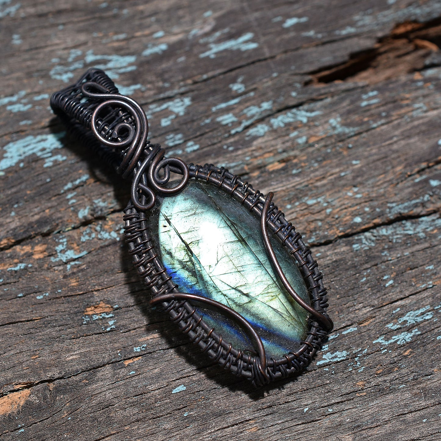 Labradorite Oxidized Copper Wire Wrapped Pendant – Handmade Flashy Gemstone Wholesale Jewelry