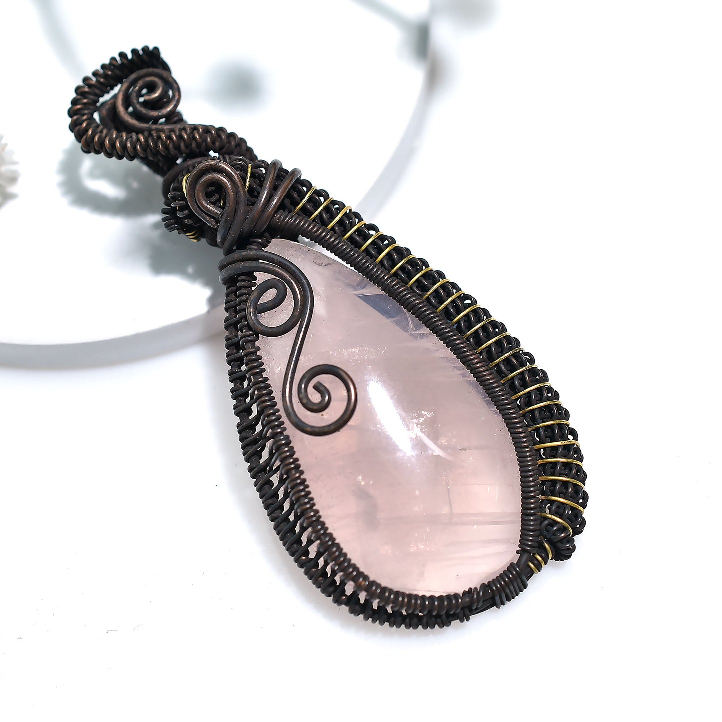 Unique Rose Quartz Gemstone Pendant – Copper Wire Wrapped Artisan Wholesale Necklace