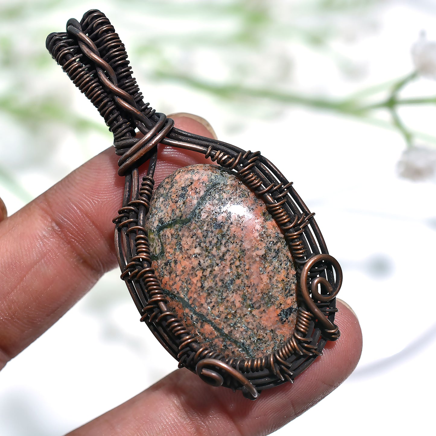 Beautiful Unakite Gemstone Pendant – Oxidized Copper Wire Wrapped Handmade Boho Jewelry