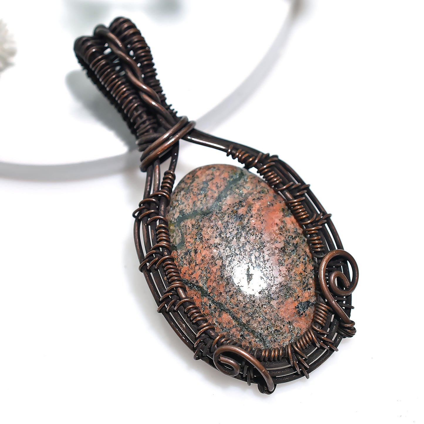 Beautiful Unakite Gemstone Pendant – Oxidized Copper Wire Wrapped Handmade Boho Jewelry
