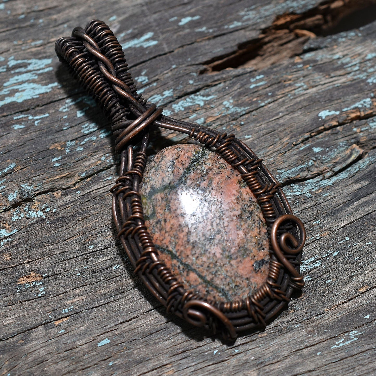 Beautiful Unakite Gemstone Pendant – Oxidized Copper Wire Wrapped Handmade Boho Jewelry
