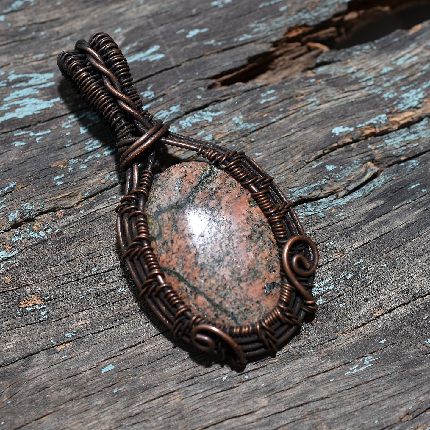 Beautiful Unakite Gemstone Pendant – Oxidized Copper Wire Wrapped Handmade Boho Jewelry