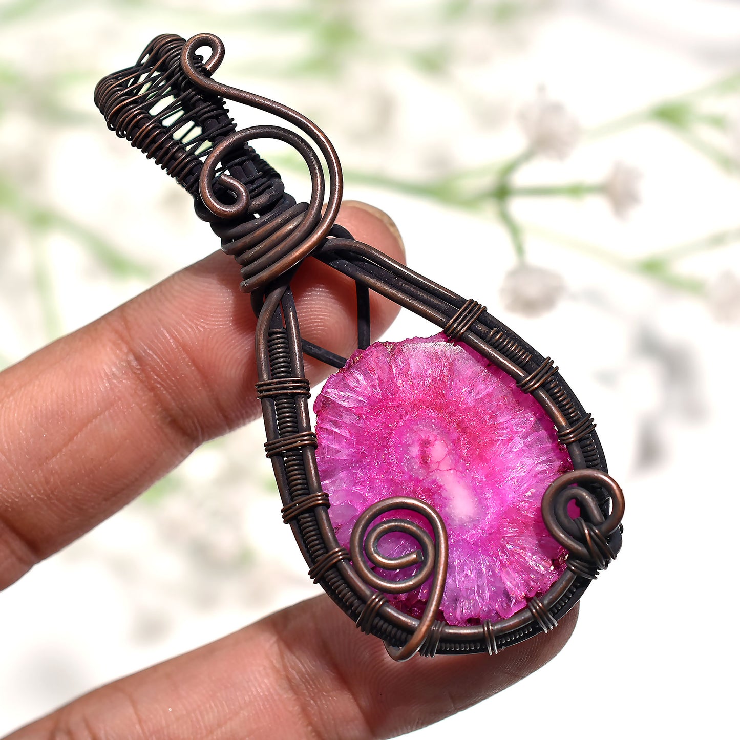 Stunning Pink Solar Quartz Copper Wire Wrapped Pendant – Handmade Wholesale Gemstone Jewelry