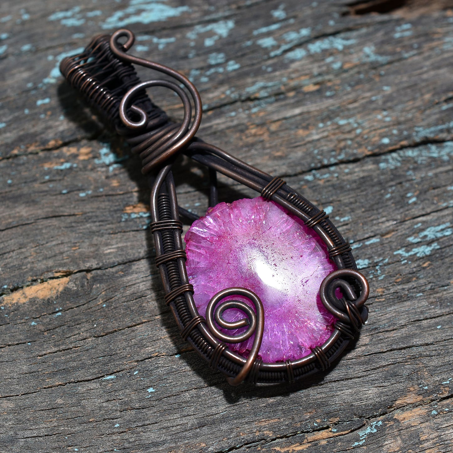 Stunning Pink Solar Quartz Copper Wire Wrapped Pendant – Handmade Wholesale Gemstone Jewelry