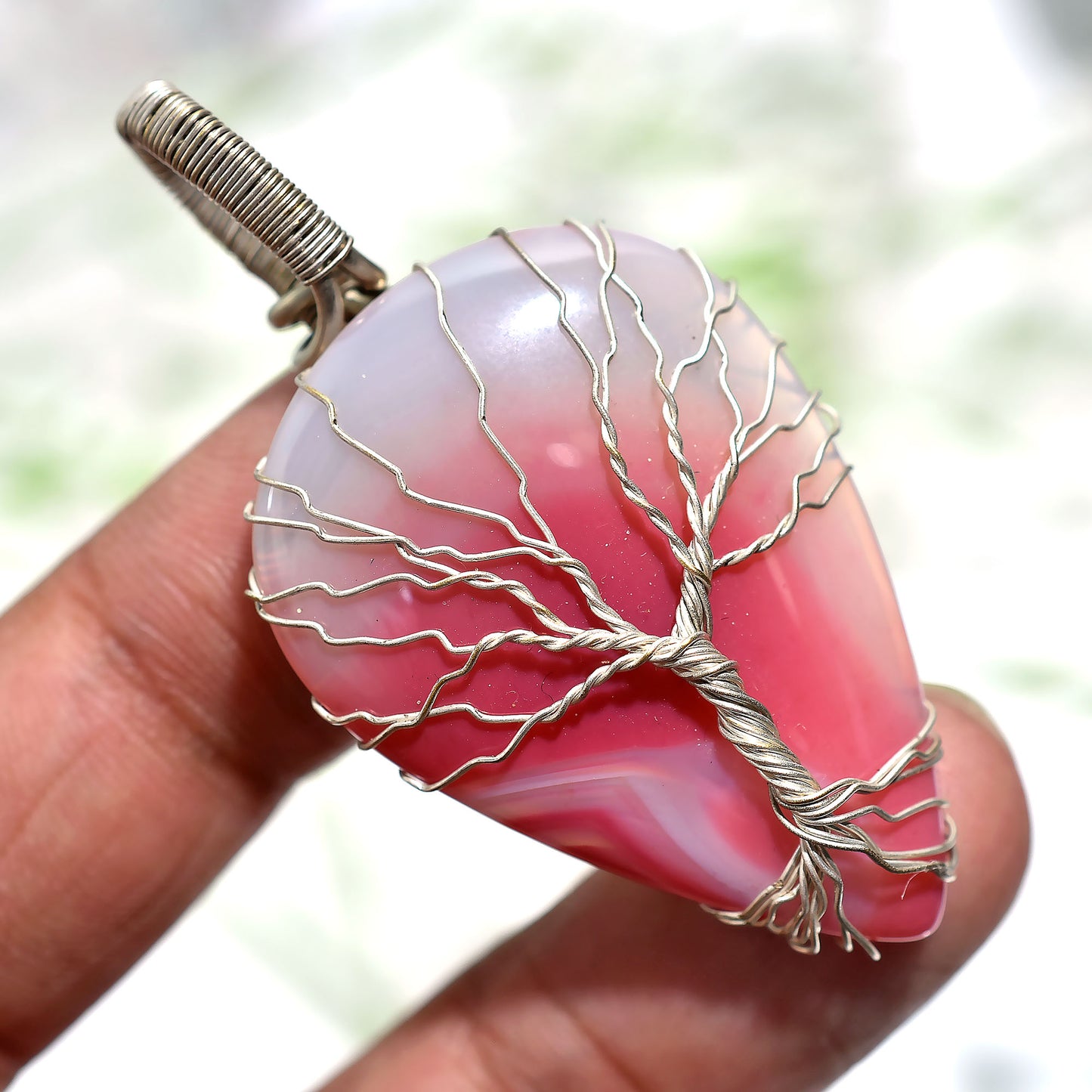 Pink Botswana Agate Silver Wire Wrapped Gemstone Pendant - Wholesale Tree Of Life Design Artisan Jewelry
