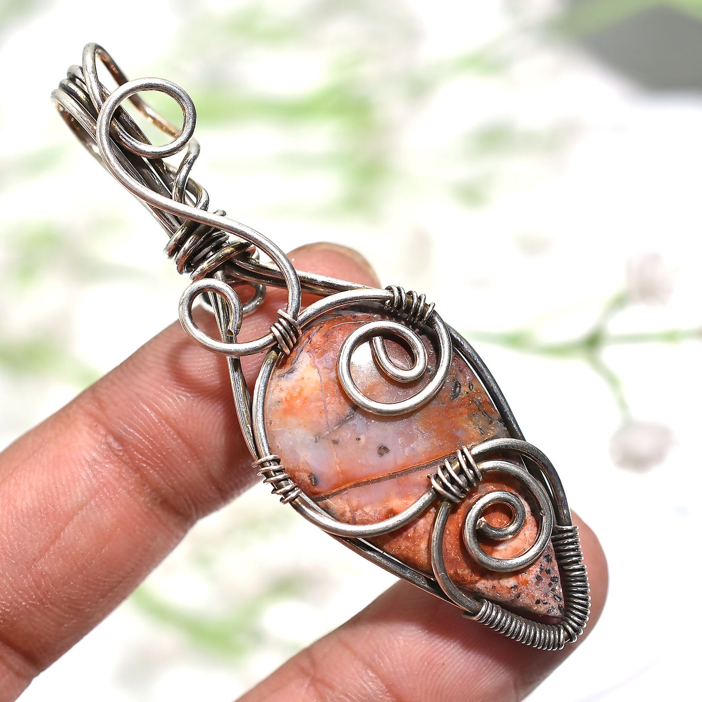 Beautiful Jasper Gemstone Pendant – Silver Wire Wrapped Swirl Design Handcrafted Jewelry