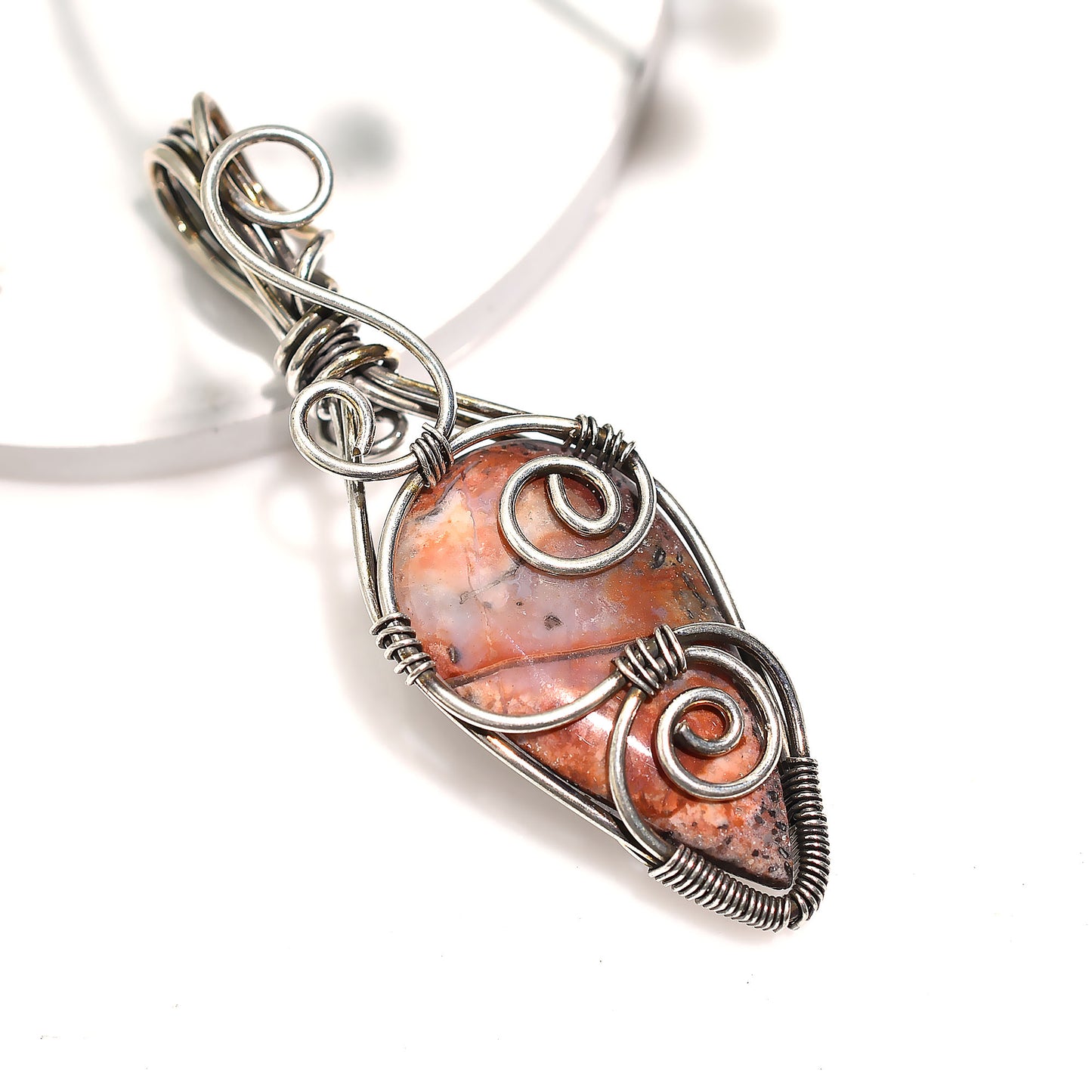 Beautiful Jasper Gemstone Pendant – Silver Wire Wrapped Swirl Design Handcrafted Jewelry