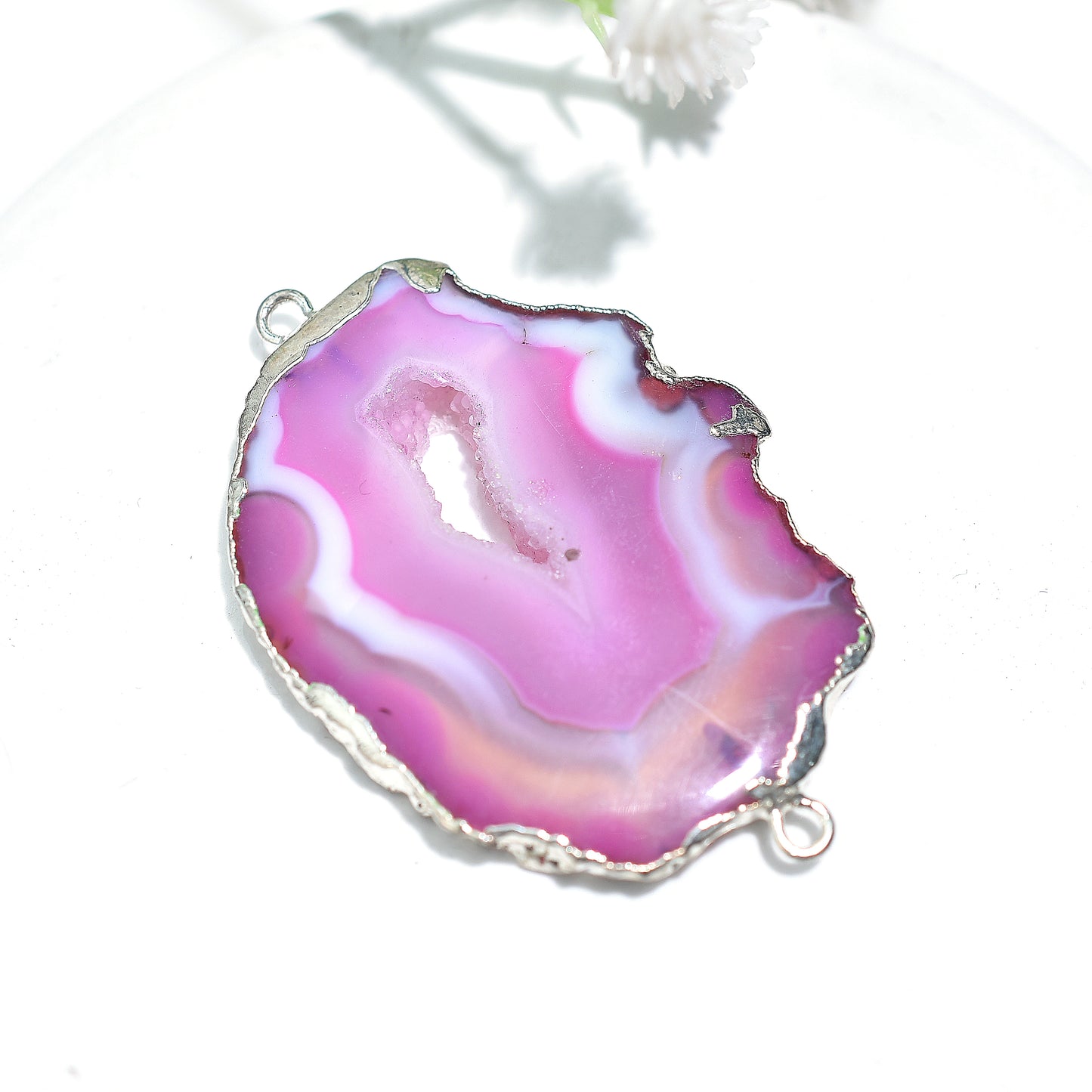 Delicate Pink Druzy Connector – Silver Electroplated Solar Gemstone For Wholesale Jewelry