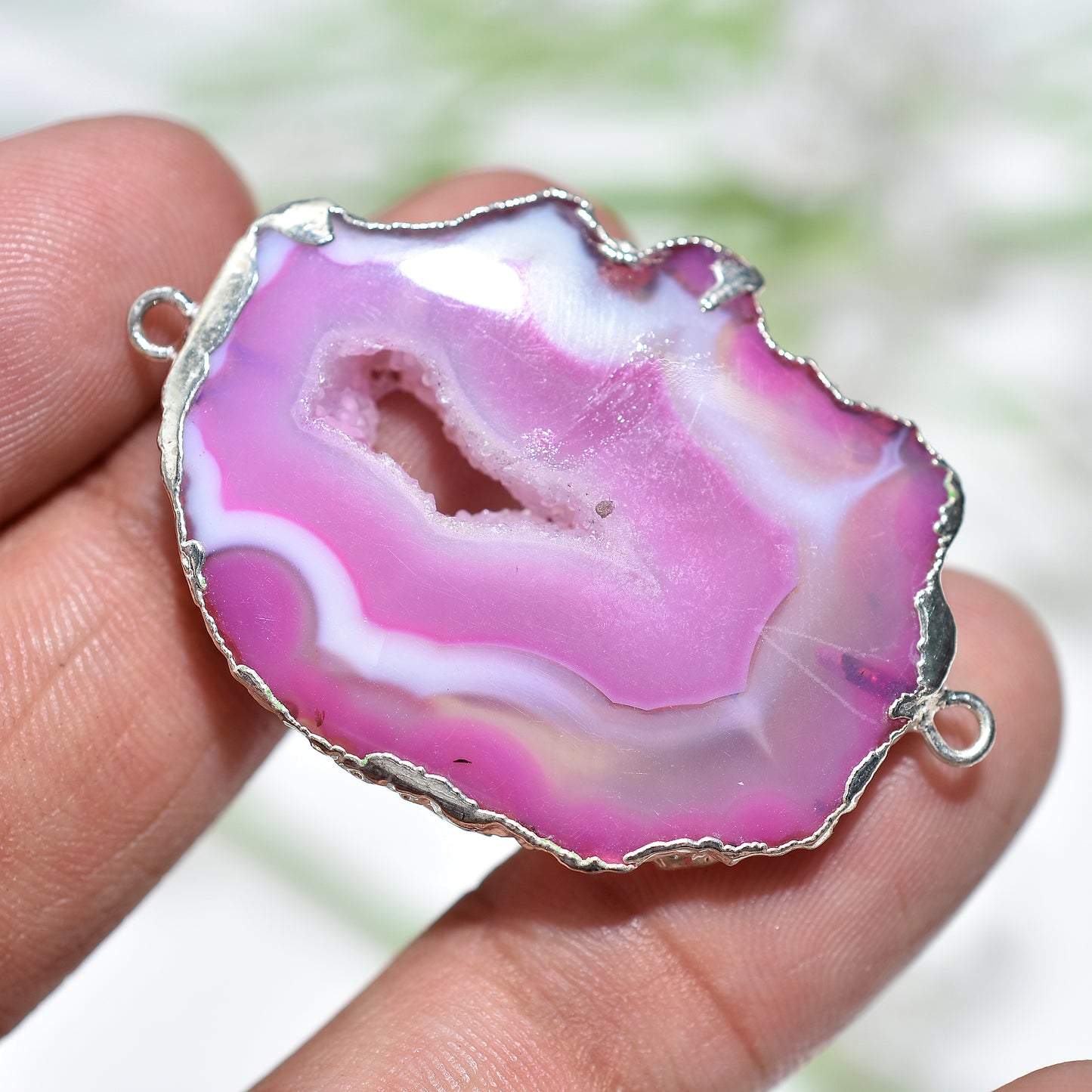 Delicate Pink Druzy Connector – Silver Electroplated Solar Gemstone For Wholesale Jewelry