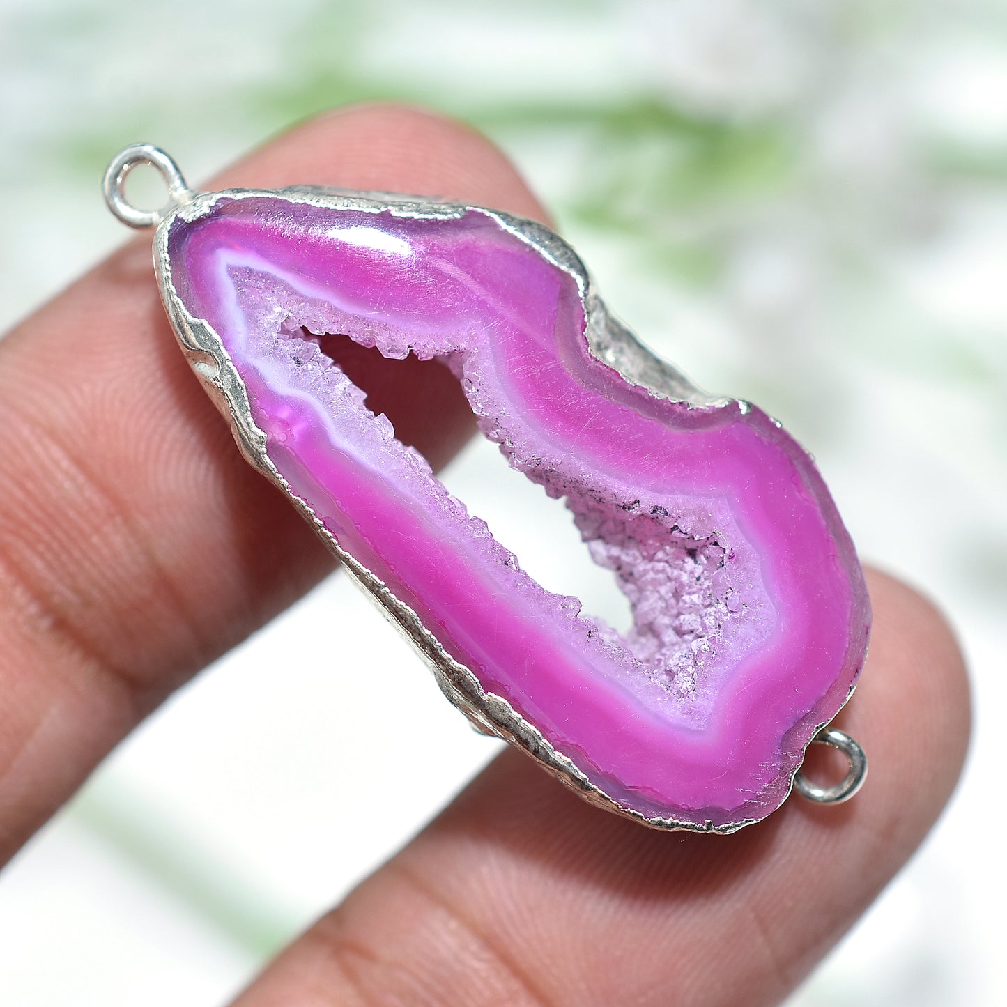 Handcrafted Pink Druzy Connector – Electroplated Solar Stone with Black Oxidized Finish