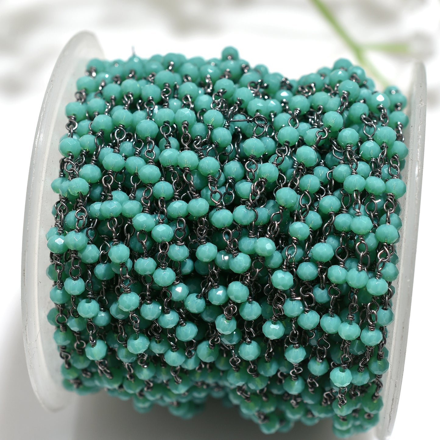 Elegant Emerald Hydro Faceted Beads Rosary Chain – Black Metal Plated Links for Custom Jewelry