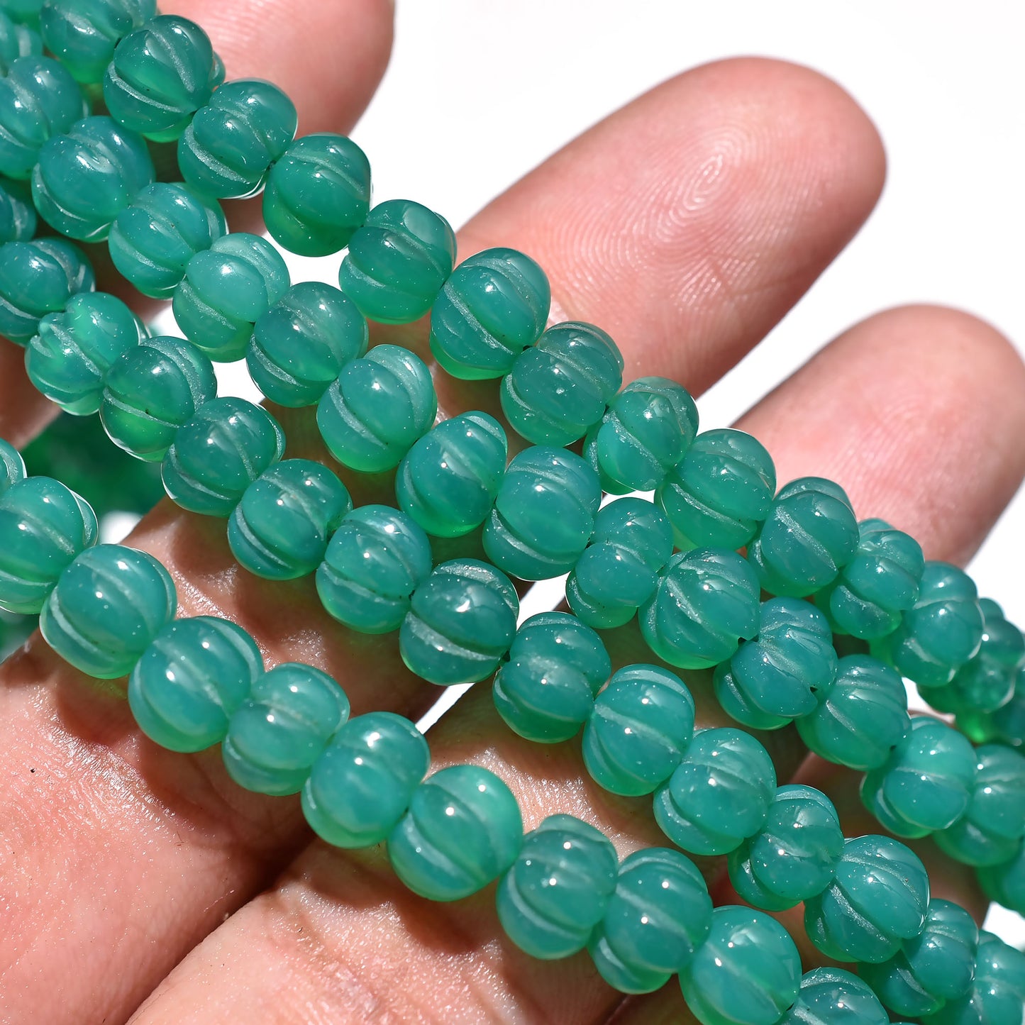 Beautiful Carving Green Onyx Beads Strand – Handcrafted Watermelon Shape Gemstone for Jewelry