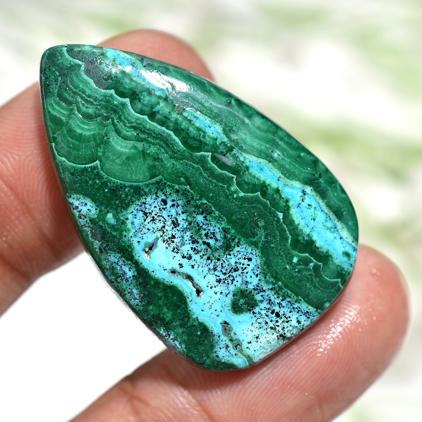 Artisan Pear-Shaped Malachite Cabochon – Dramatic Dark Green Swirls & Sky-Blue Striations