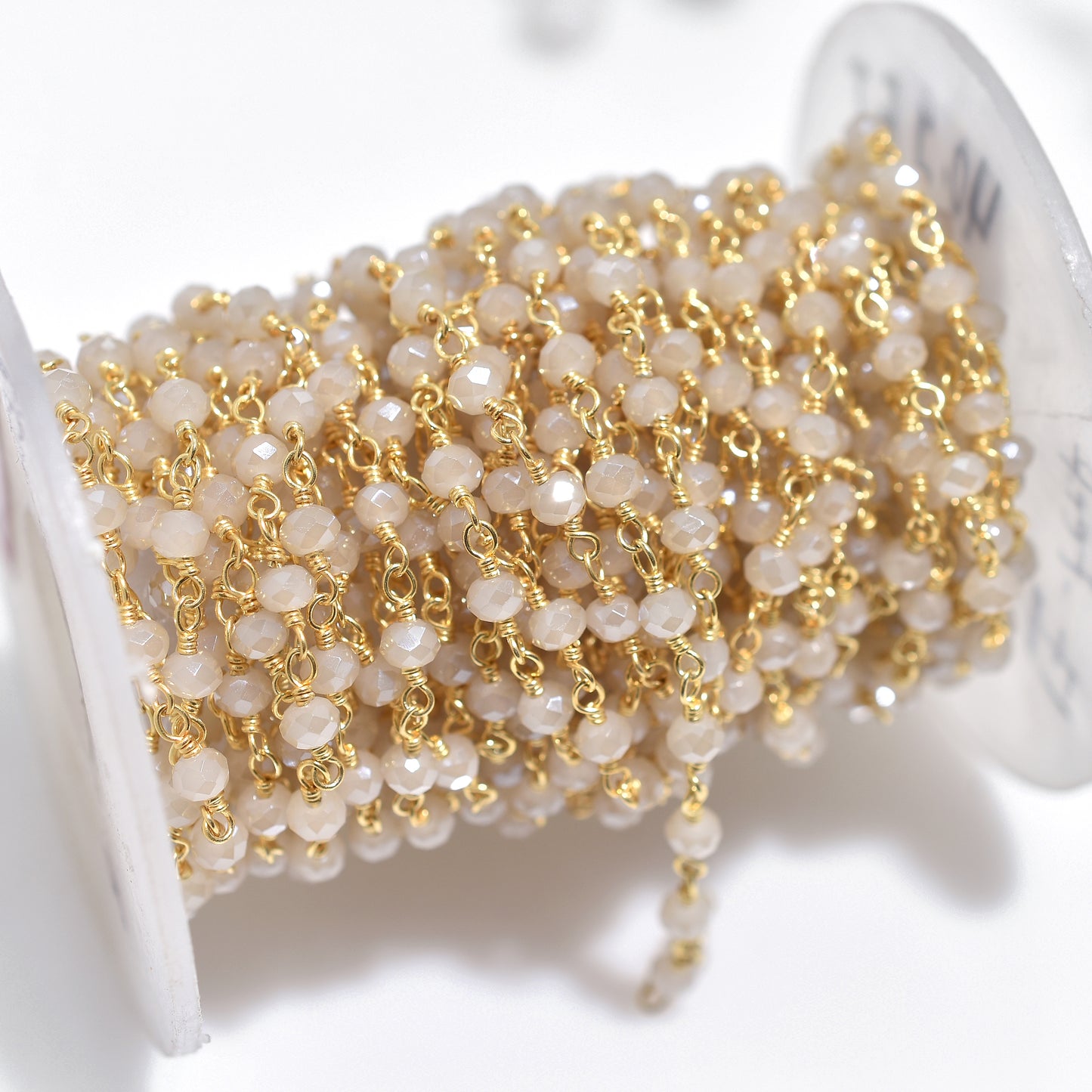 Lustrous Coated Moonstone Hydro Beaded Chain – Gold Plated Rosary Style Gemstone for Designer Jewelry