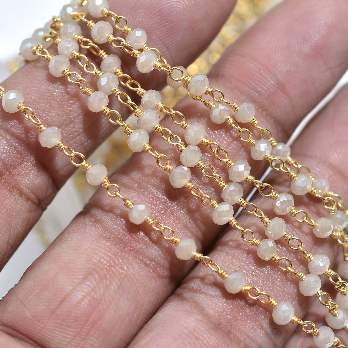 Lustrous Coated Moonstone Hydro Beaded Chain – Gold Plated Rosary Style Gemstone for Designer Jewelry