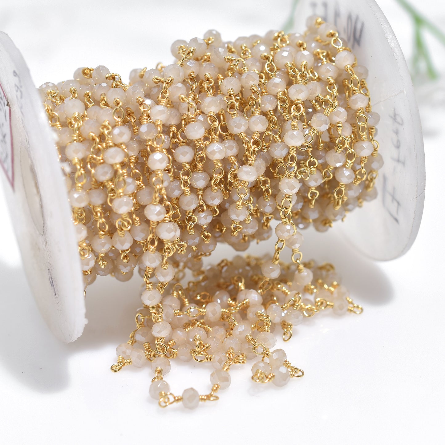 Lustrous Coated Moonstone Hydro Beaded Chain – Gold Plated Rosary Style Gemstone for Designer Jewelry