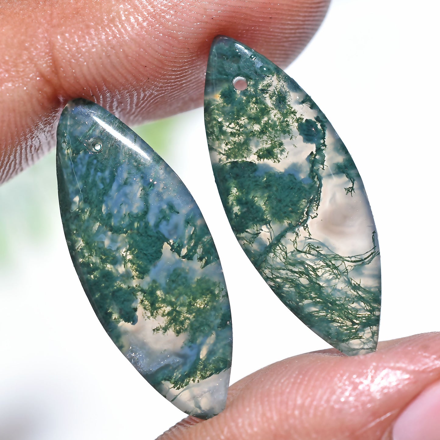 Top Drilled Moss Agate Set - Wholesale Marquise Matching Gemstone Pair for Jewelry (9x27x3mm,/21ct)