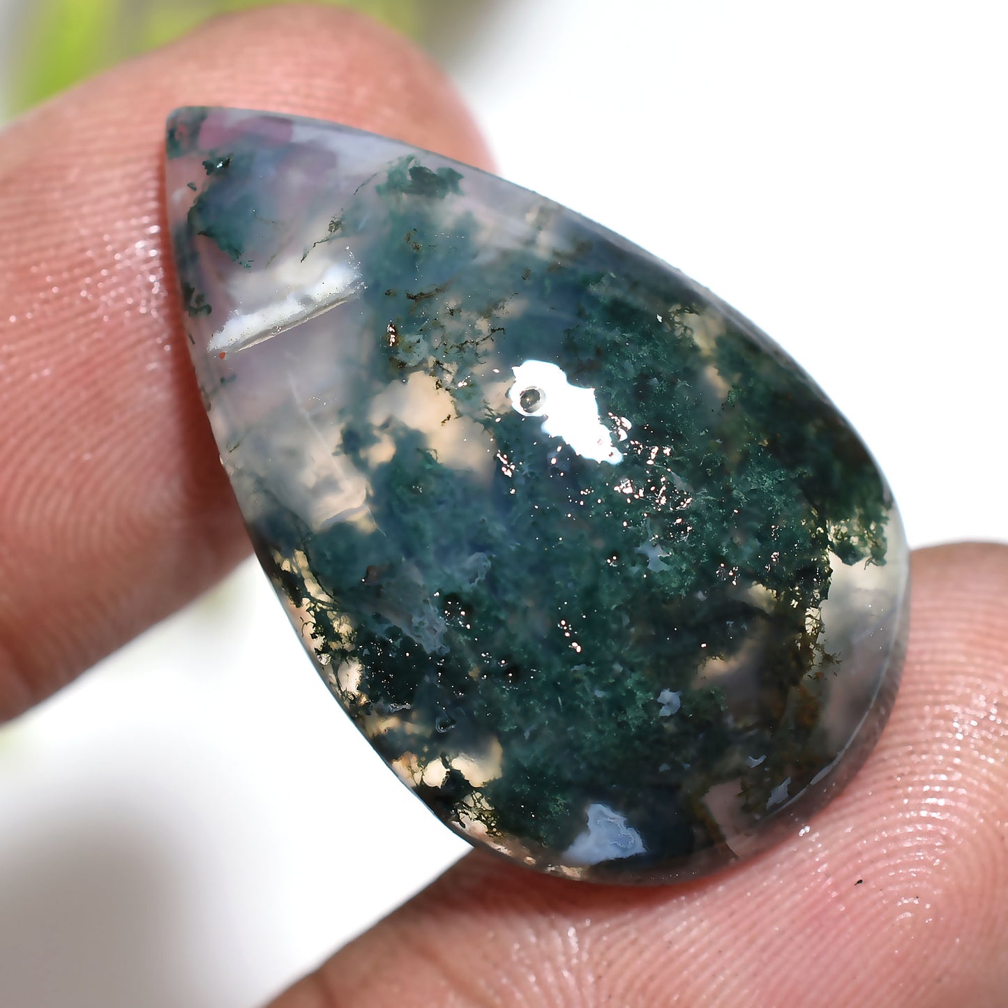 Dark Green Moss Agate Cabochon - Pear Shaped Flat Back Gemstones