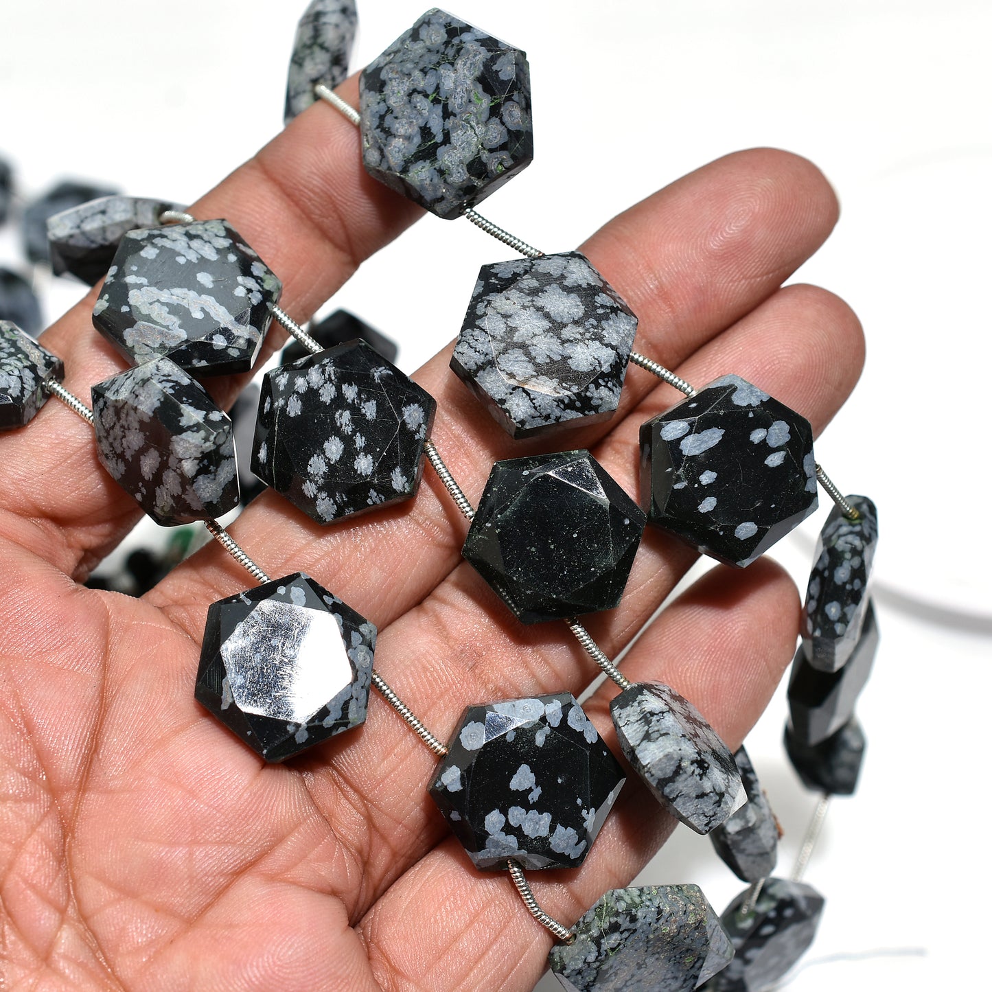 Hexagon Cut Snowflake Obsidian Beads – Black & White Natural Wholesale Gemstones