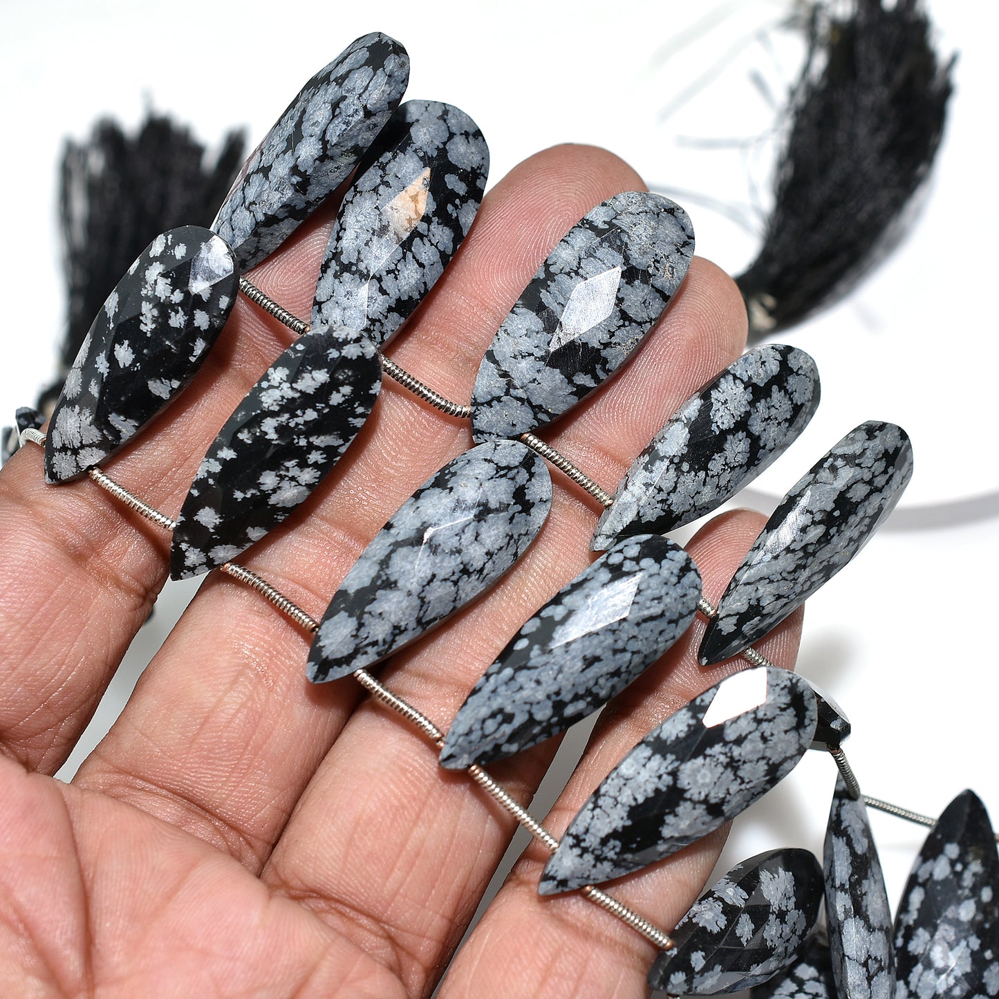 Elegant Snowflake Obsidian Faceted Drops – Pear-Shaped Gemstone Beads for DIY Jewelry